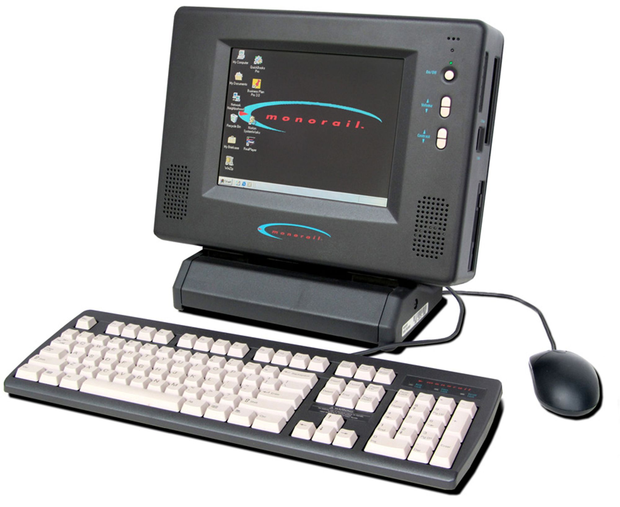 An all-in-one computer from 1996.  It stands on its edge, somewhat like a clamshell computer, but using standard keyboard and mouse.  It looks like a precursor for the POS machines of today.