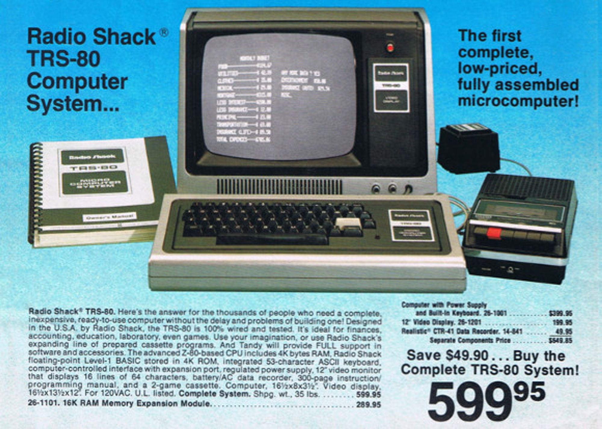 A catalog advertises the "Radio Shack TRS-80 Computer System," showing a system with the main processor (with integral keyboard), CRT monitor, cassette, and power suply, for only $599.95 ("save $49.90!")