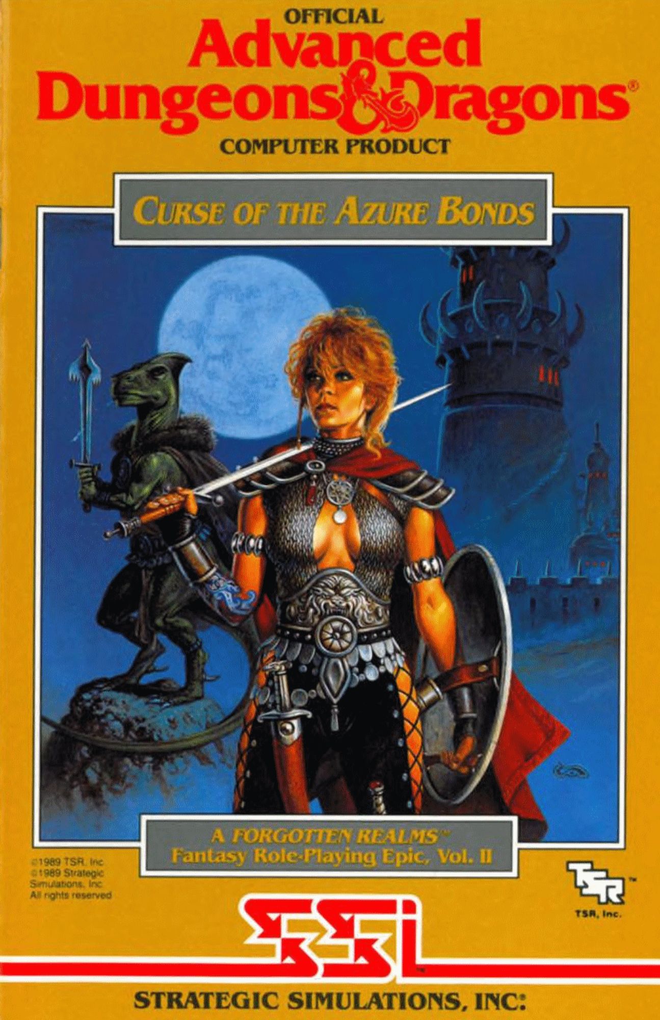 A "Gold Box" computer program, labelled "Official Advanced Dungeons & Dragons Computer Product: Curse of the Azure Bonds: A Forgotten Realms Fantasy Role-Playing Epic, Vol. II"  In the inset image, a chainmail-and-cape equipped soldiar, Alias, rests a long sword on her shoulderpads.  Behind her, a mace-equipped lizardman, Dragonbait, stands at the ready.  Behind them, the Wizard's Tower, one of the villainous locations they will encounter.  At bottom, the logos of TSR (in letters designed to look like an overhead dungeon map drawn on graph paper) and Strategic Simulations Inc (with the large letter Ss made of opposing arrowheads) appears at the bottom.