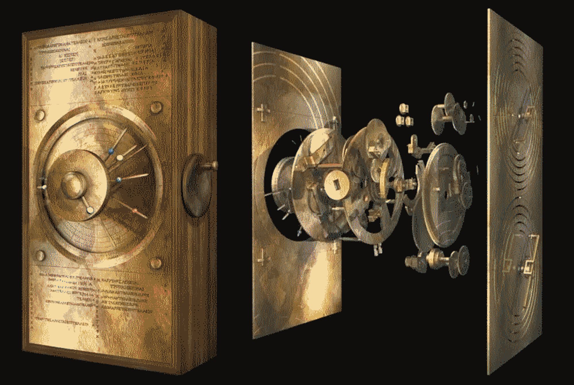 A simple mechanism for predicting the Callipic cycle, a technique for estimating the time, solstice, and lunar state, used by Greek navigators.  The dial on the left shows the state of six heavenly bodies, a crank, and the instructions for use inscribed on the front; the middle shows the mechanism itself, with various step gears used to multiply or divide the main gear into smaller or larger periods; the spring spirals on the back act as a kind of 'checksum', alerting the operator to the end of a calendar month or year.