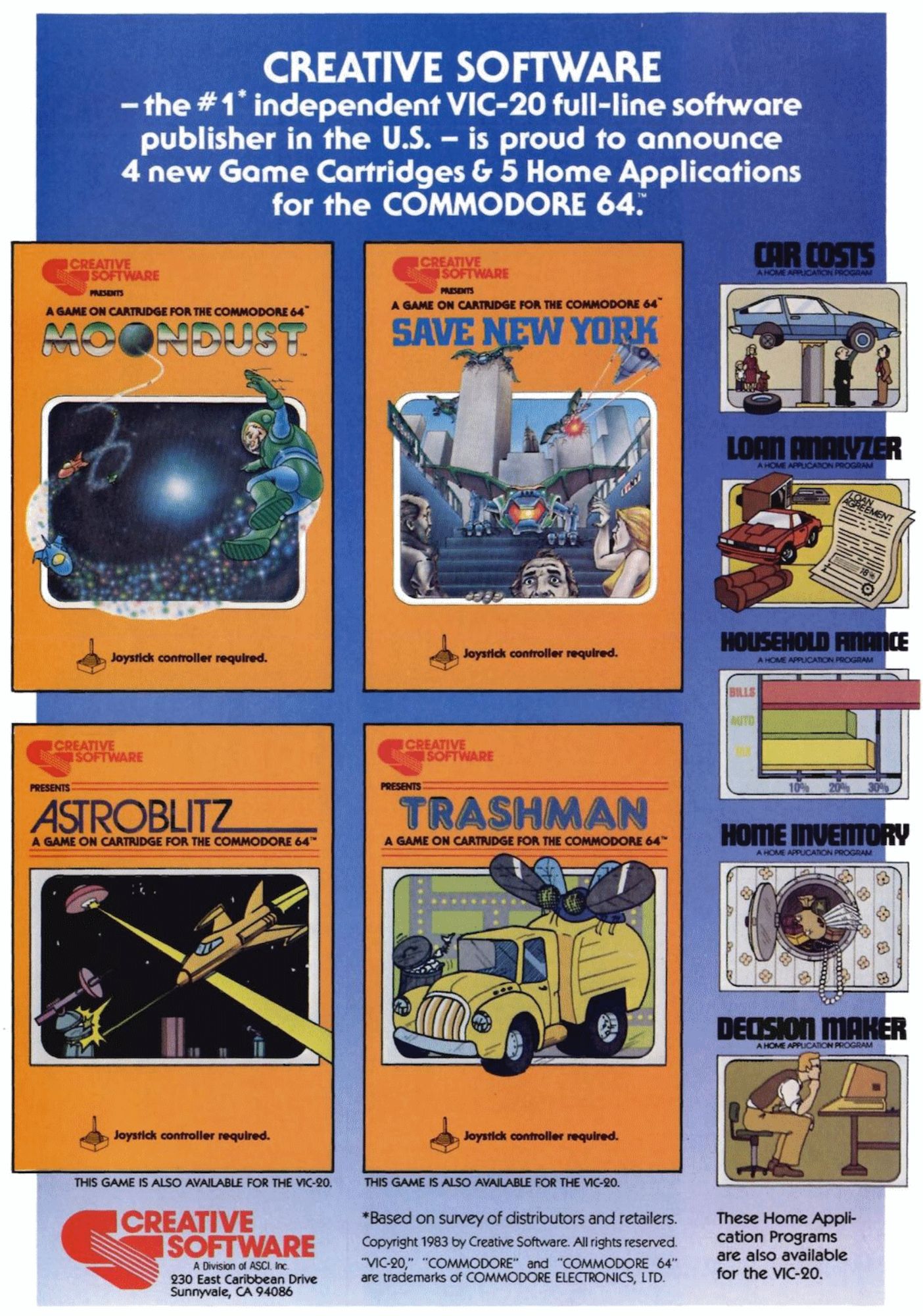 An ad for the company Creative Software.  The four left boxes depict VIC20 cartridge games:  a man in space for Moondust, giant robot wasps attacking buildings in Save New York, a UFO shooting at a fighter jet shooting at a satellite dish in Astroblitz, and a giant fly attacking a garbage truck in Trashman.  All are marked "Joystick controller required."  The five smaller applications on the side are a sports car on a jack named Car Costs, a car attached to a comically giant loan agreement named Loan Analyzer, a set of bar charts named Household Finance, a safe with valuables inset into a wall covered in floral wallpaper named Home Inventory, and a man leaning over and considering his computer named Decision Maker.