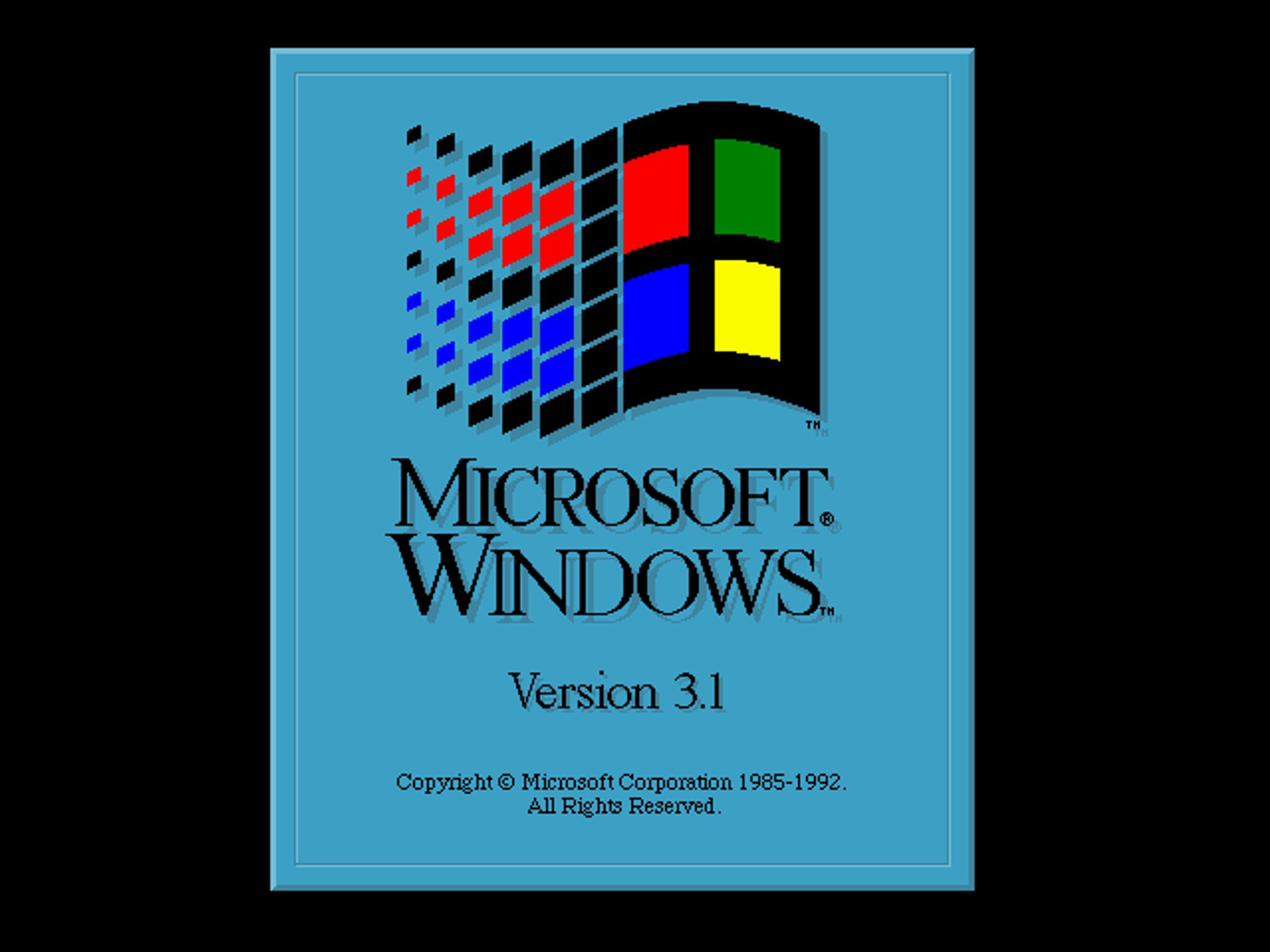 The splash screen for Windows 3.1, arguably the breakaway point for Microsoft.  The classic "flying window" logo flies up top, with its four-colored panes disappearing into digital static; the name Microsoft Windows appears in serif dropshadow; "Copyright Microsoft Corporateion 1985-1992.  All Rights Reserved."