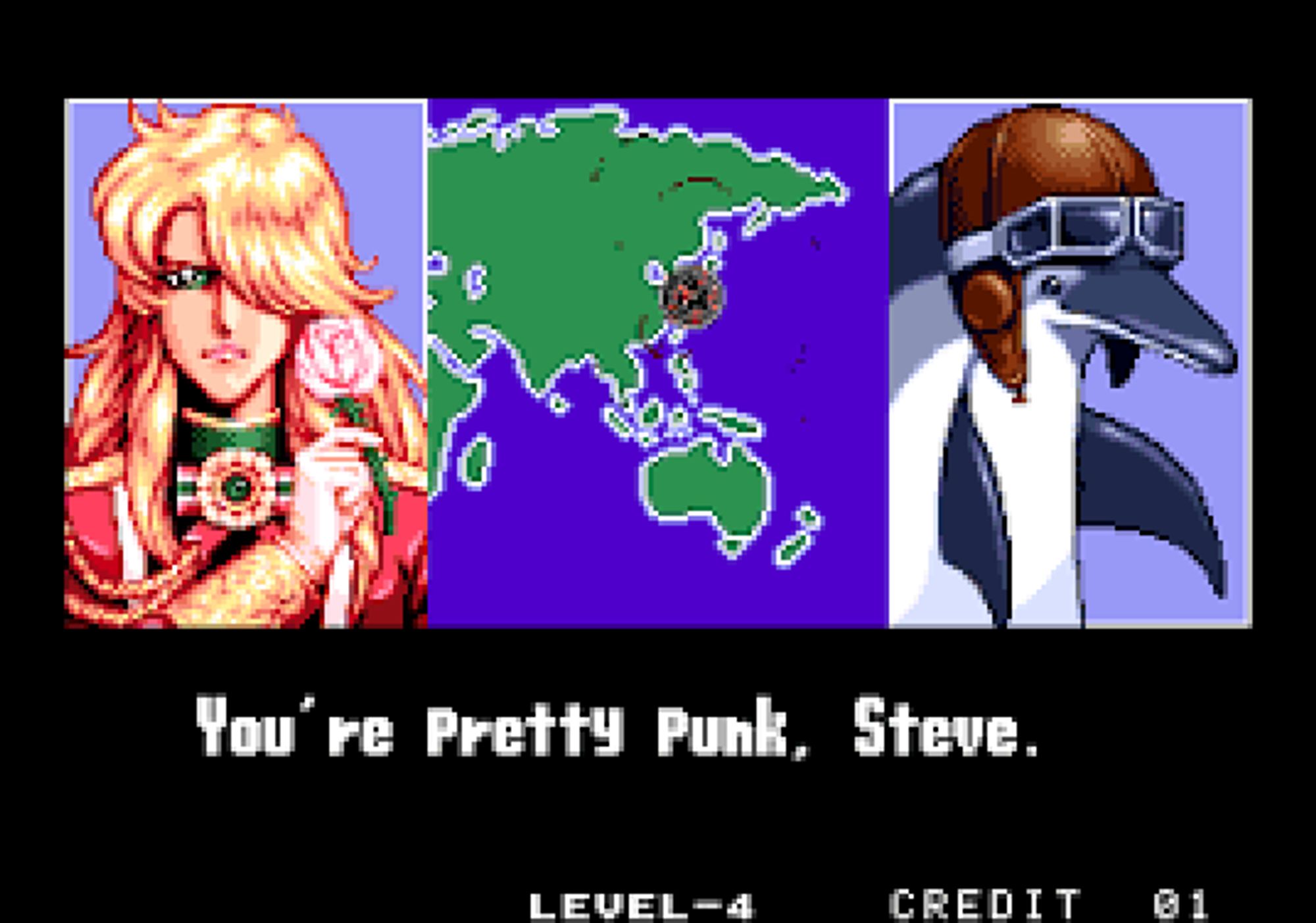 A stage screen from the game Aero Fighters (1993), the US localization of Sonic Wings.  On the left, a very beautiful pilot holds a pink rose.  In the middle, a map screen shows Japan has been selected.  On the right, a dolphin in a fighter cap.  Down below, it reads "You're pretty punk, Steve," though it is not clear who is the punk that is Steve.  At bottom, it reads "Level-4 Credit 01."