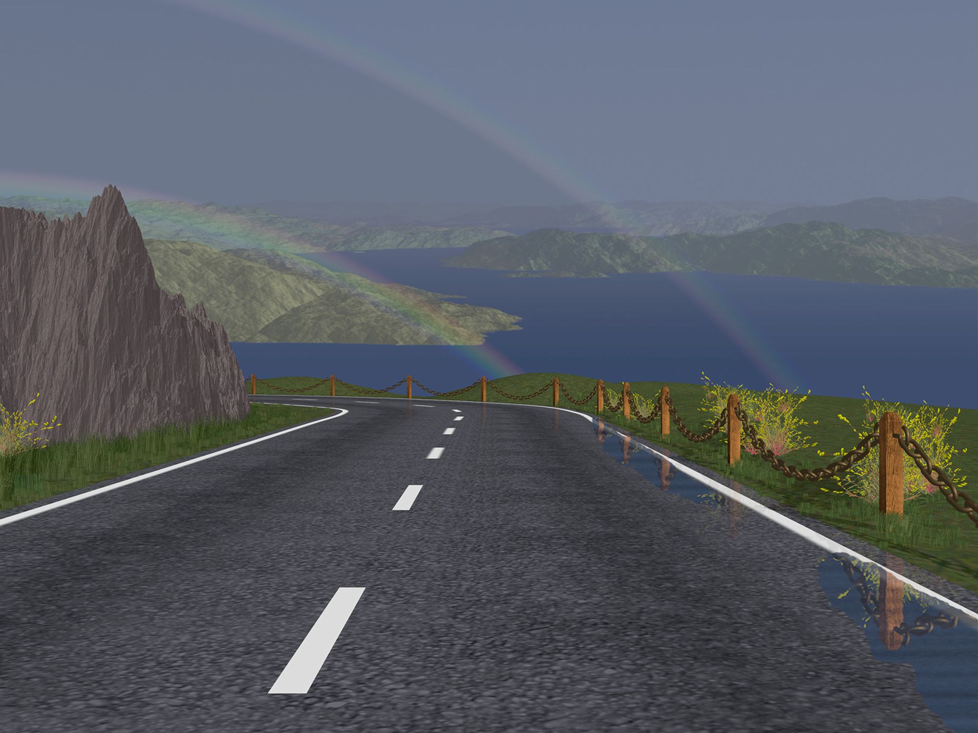 A scene of a road facing away from the viewer, viewing a bay that shows Point Reyes.  The road is rained over; puddles reflect the wrought iron fence and the fractal bushes, while grass is blooming to either side of the road; translucent rainbows guide the viewer's eye to the distant landscape.  A sheer cliff blocks line of sight to the left.