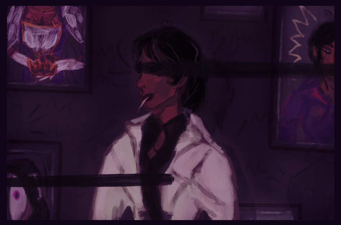 A digital painting of Han Sooyoung from ORV smoking. She is wearing a white jacket and a black shirt with her first few buttons undone. Around her are frames, paintings, featuring other 'versions' of her from the novel.