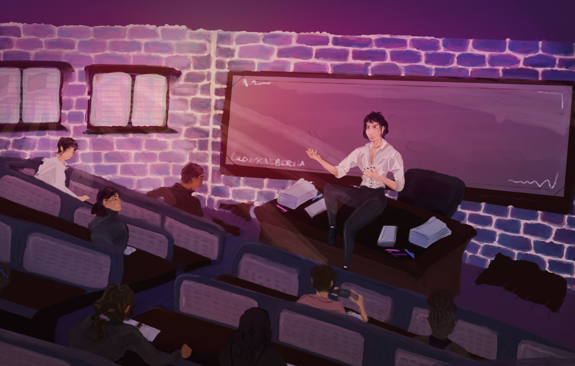 A digital painting of Han Sooyoung from Omniscient Reader's Viewpoint teaching a class. The piece is very purple toned.