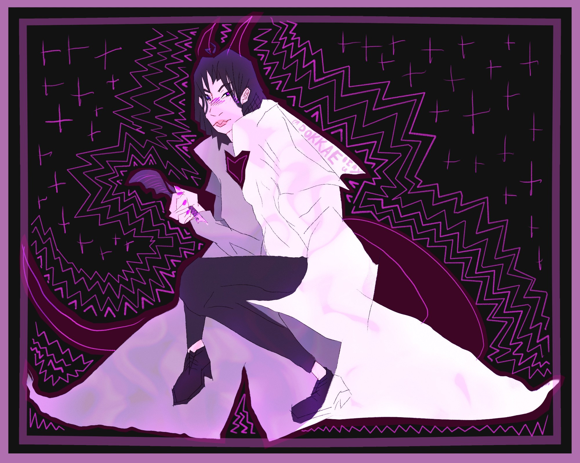 A digital illustration of Han Sooyoung from Omniscient Reader's Viewpoint slouched down, holding a quill. She is wearing a long white coat and looking at the viewer. Behind her in a pinker shade of purple are the impressions of dragon horns and a tail. She is surrounded by shocking lines and stars. The piece is bordered twice with thick purple-pink lines.