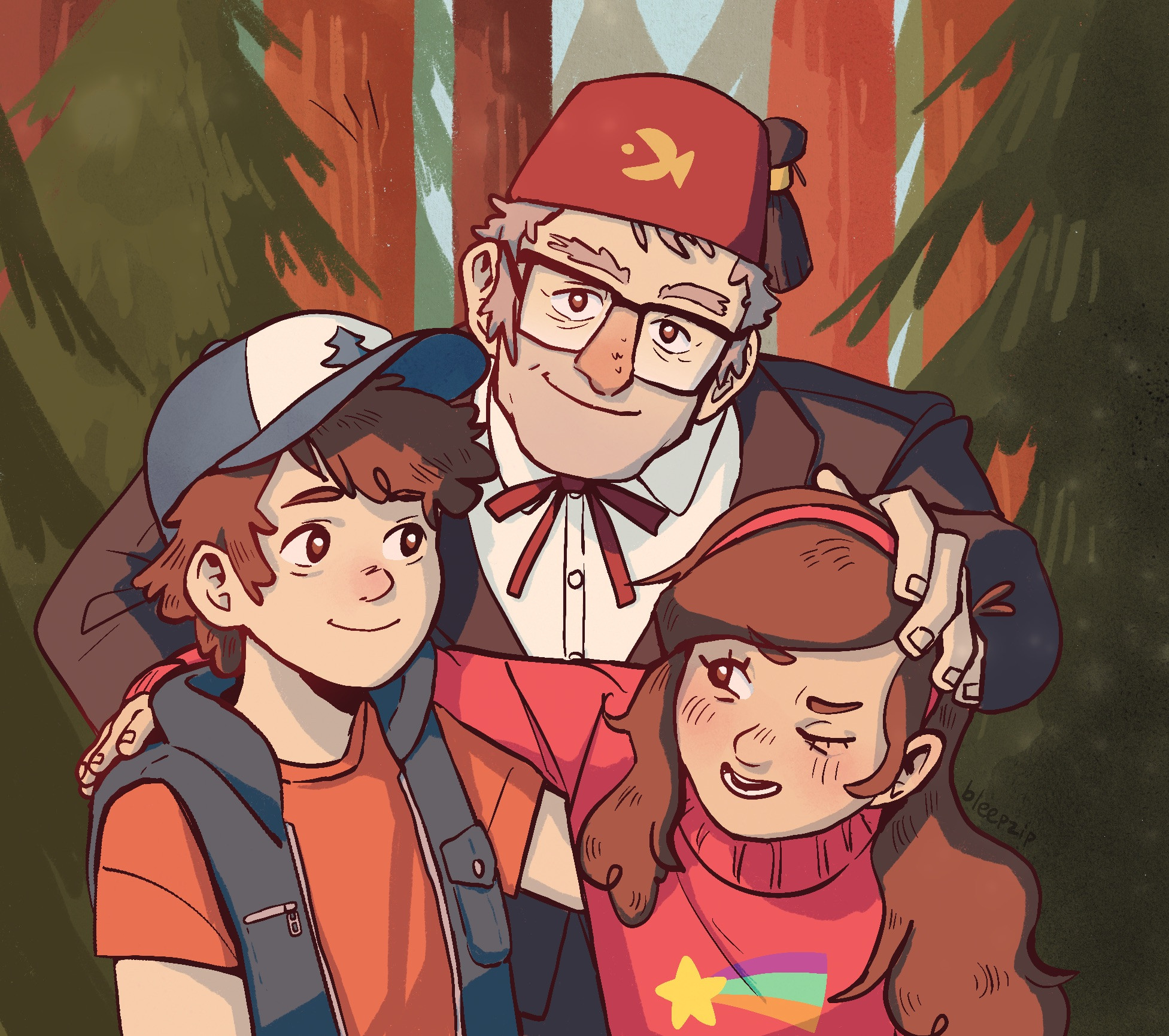 Dipper, Stan, and Mabel Pines from Gravity Falls all smiling in a family picture, against a background of pine trees.