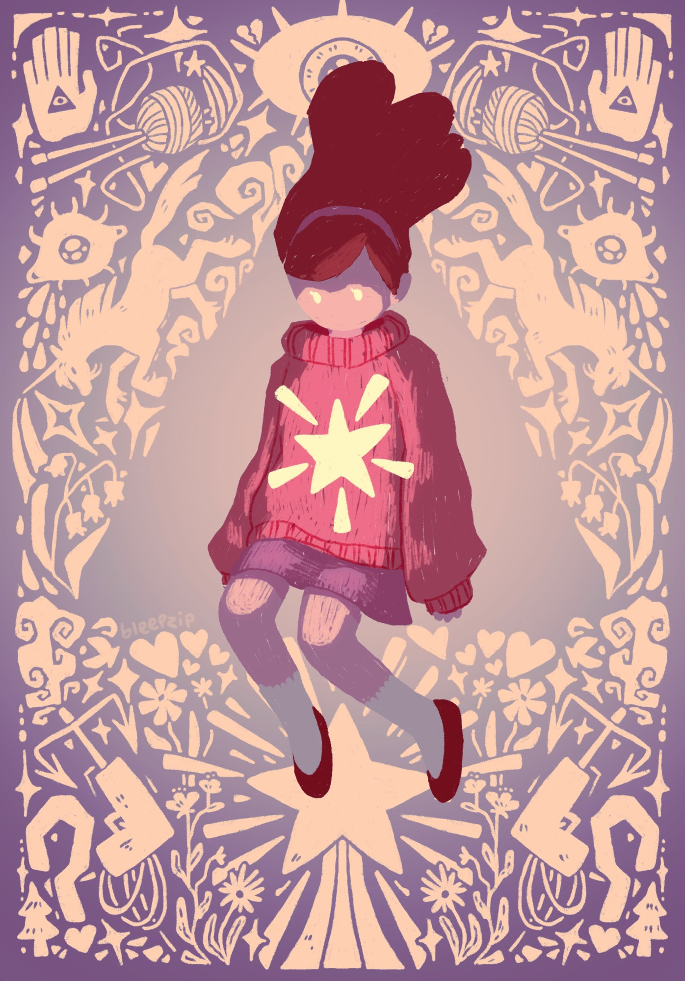 Mabel Pines from Gravity Falls on a symmetrical background with shapes related to her character — unicorns, yarn, grappling hooks, hearts and stars, and more. She’s floating with a glowing star in front of her chest.