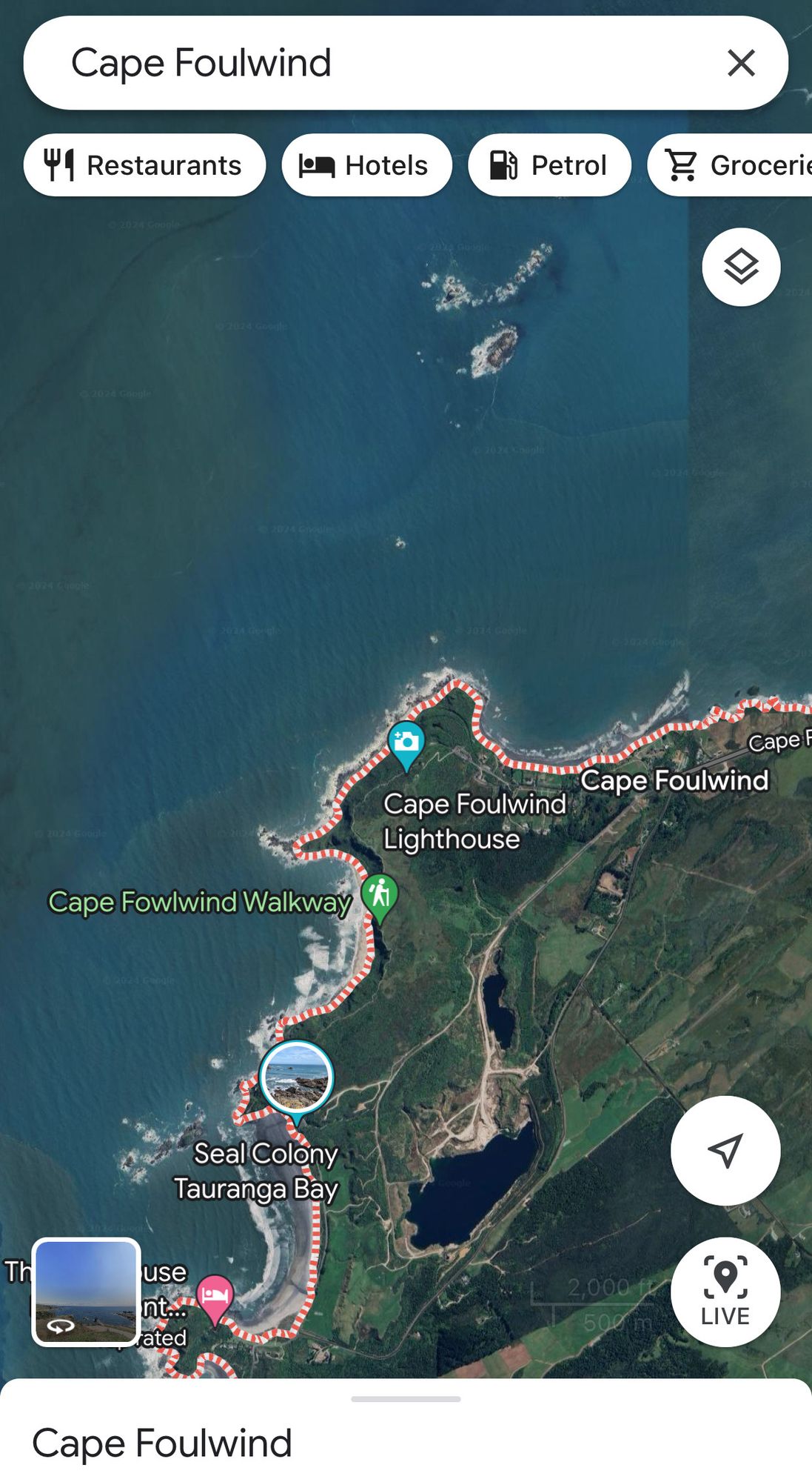 A screenshot of the google maps app showing an area called Cape Foulwind and the Cape Foulwind lighthouse which is north of a seal colony