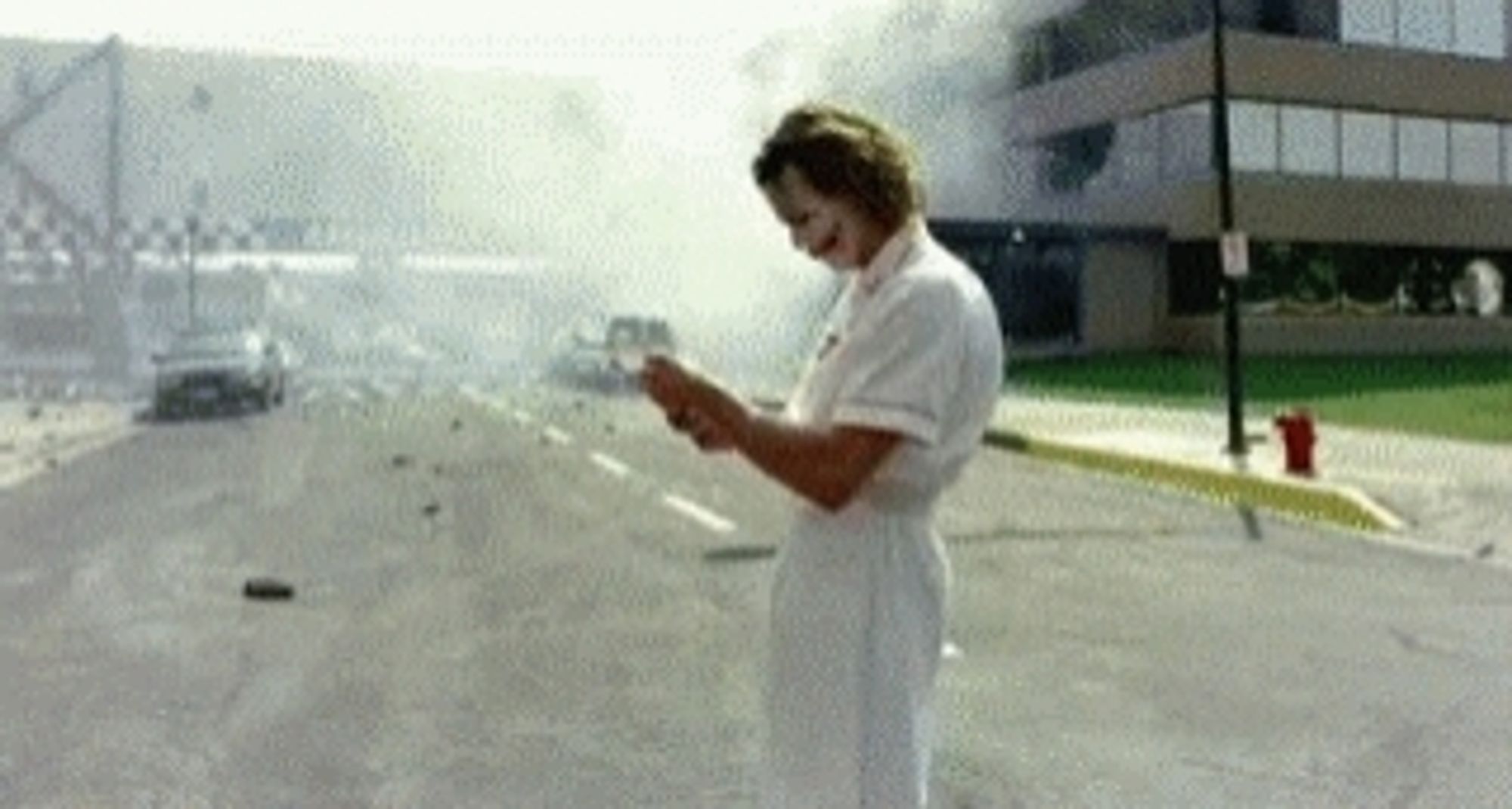 Heath Ledger in the dark Knight returns blowing up a hospital.