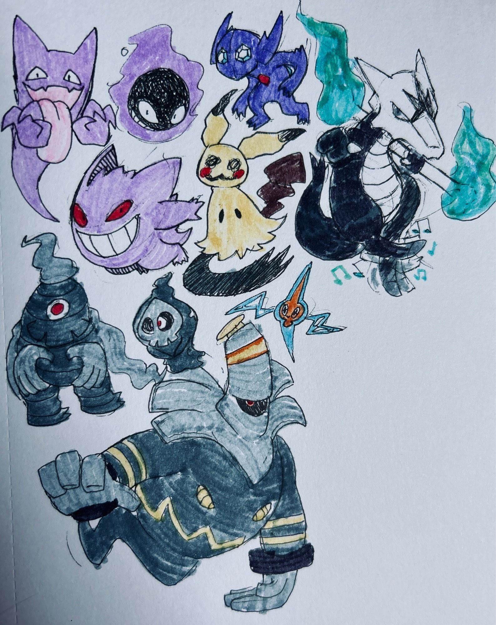 Traditional doodles of pokemon including Haunter, Ghastly, Sableye, Gengar, Mimikyu, Alolan Marowak, Dusclops, Duskull, Rotom, and Dusknoir