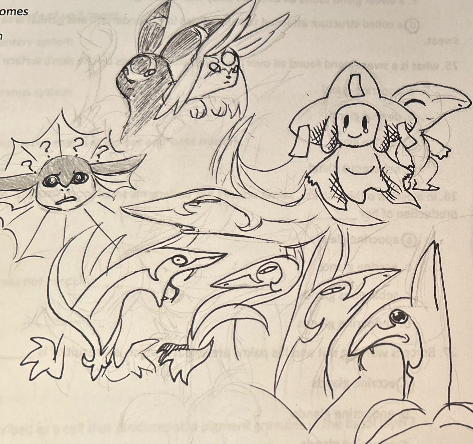 (From left to right) A confused Vaporeon, an Umbreon with an Espeon resting atop its back, a Jirachi and Cyndaquil, and an assortment of Serperior doodles, each with a different exaggerated expression