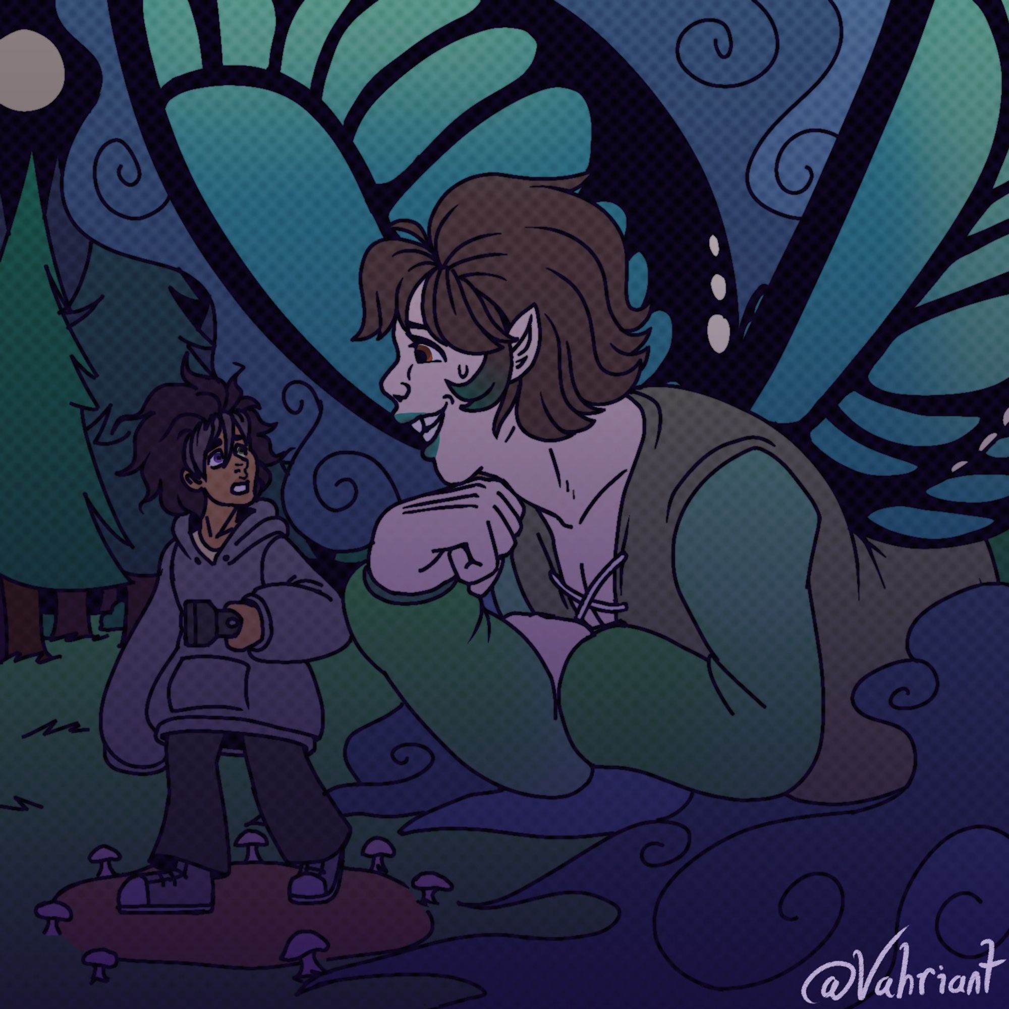 Two characters in a dimly lit forest. On the left is a young boy (Lilian) in an oversized hoodie holding a flashlight, standing in the middle of a mushroom circle. On the right is a large fae (Fee) with turquoise butterfly wings enveloped in blue-purple smoke. Lilian looks spooked and Fee looks concerned for him.