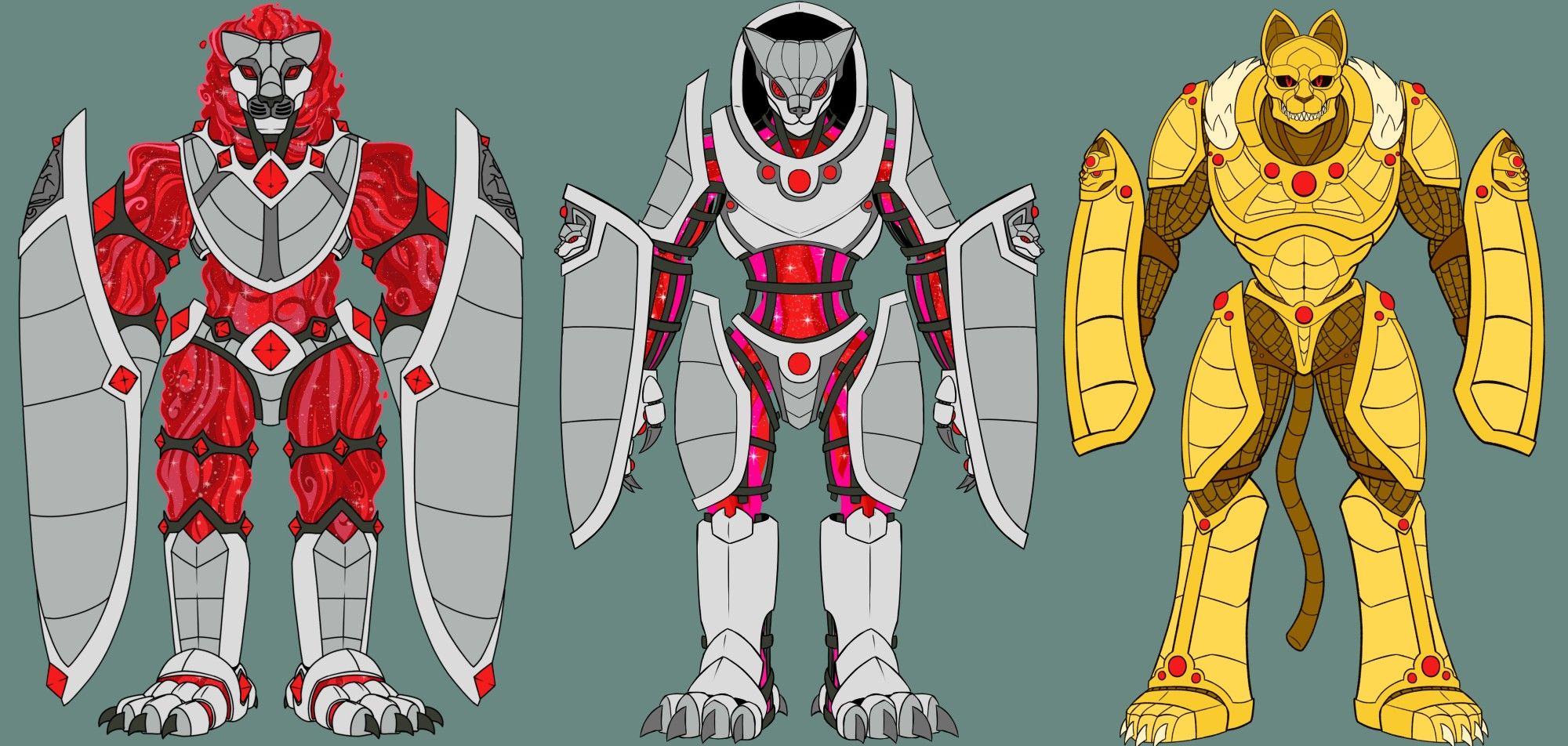 3 different variations (Newest to oldest, R->L) of the same character over time. All 3 being a large humanoid cat in armor, the first 2 in silver with red smokey under-armor, and the third being gold with dark gold wires for under-armor.