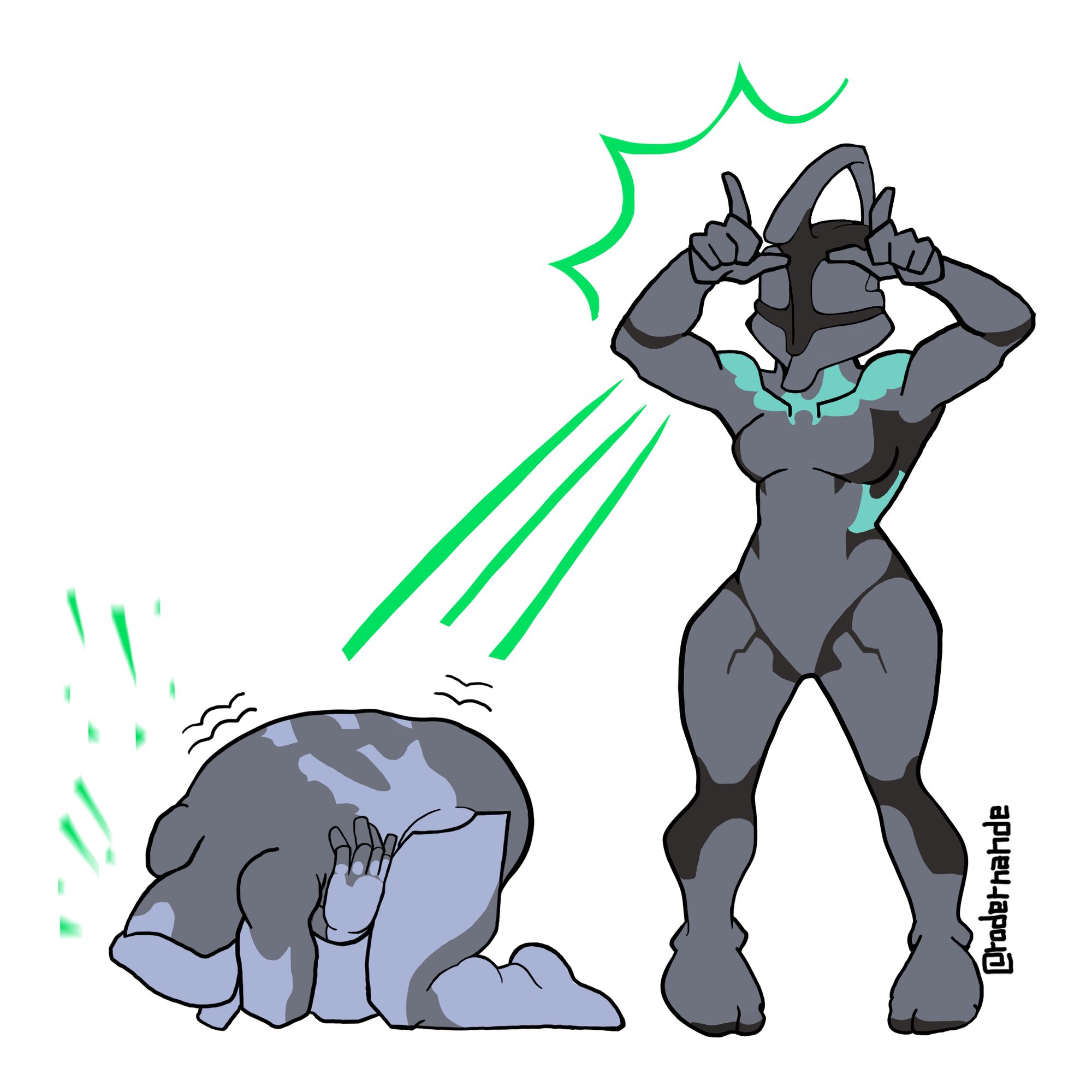 The warframe Nyx, standing with her hands on her head, concentrating, emanating a wave of green energy at Excalibur, who is clutching his torso on the ground, visibly suffering from pain.