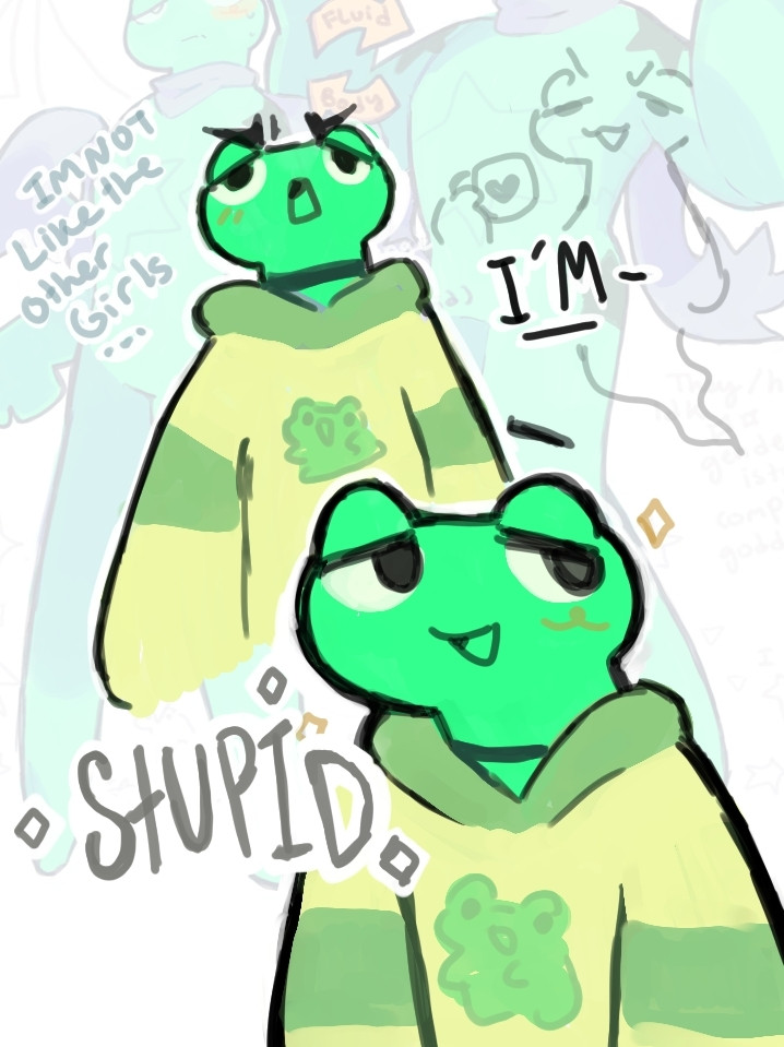 Kuronuma a feminine bodied furry frog (nonbinary gender) makes a couple poses saying "I'm not like the other girls... I'm-- stupid✨"

#furry #frog #art #furryart #amphibian #froggie #anthro #cute