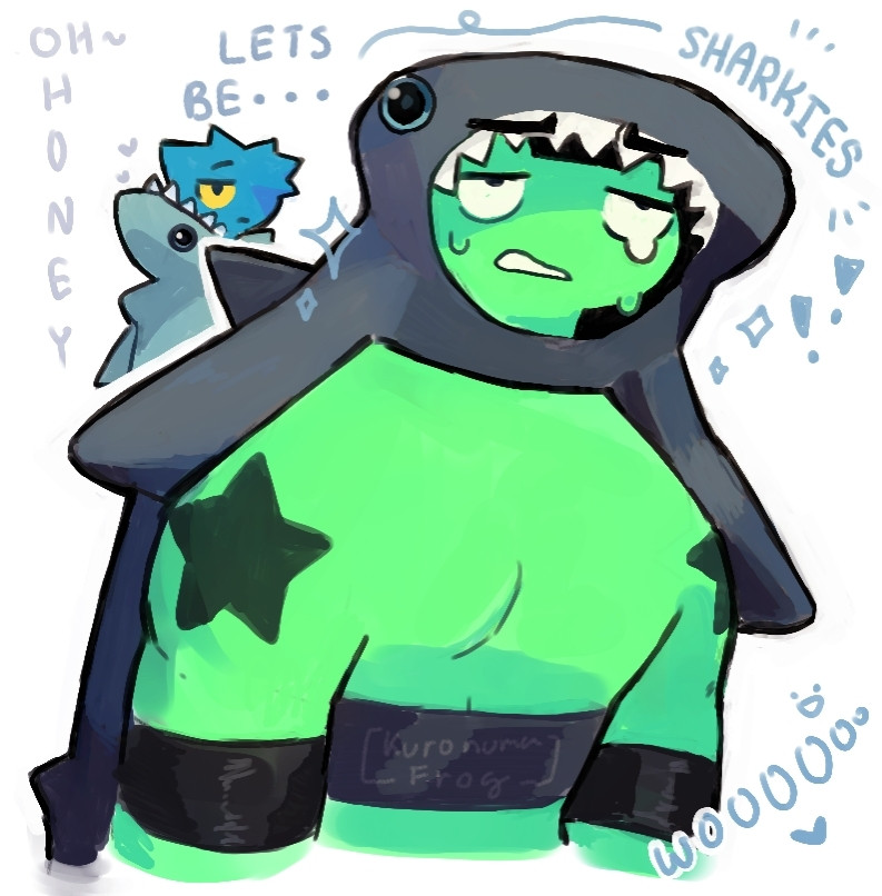 Frog Kuronuma (a green and masc presenting anthro frog) wears a hammerhead shark costume for Halloween. He has a bothered, cringing face; while his boyfriend, mint matsumura (a blue and fem presenting anthro cat) glances in his direction from the background.

Text surrounds the piece, stating "oh honey~ let's be.... sharkies!"

Tags: #furryart #halloween #furry #costume #frog #cat #sona #art #painting #shark