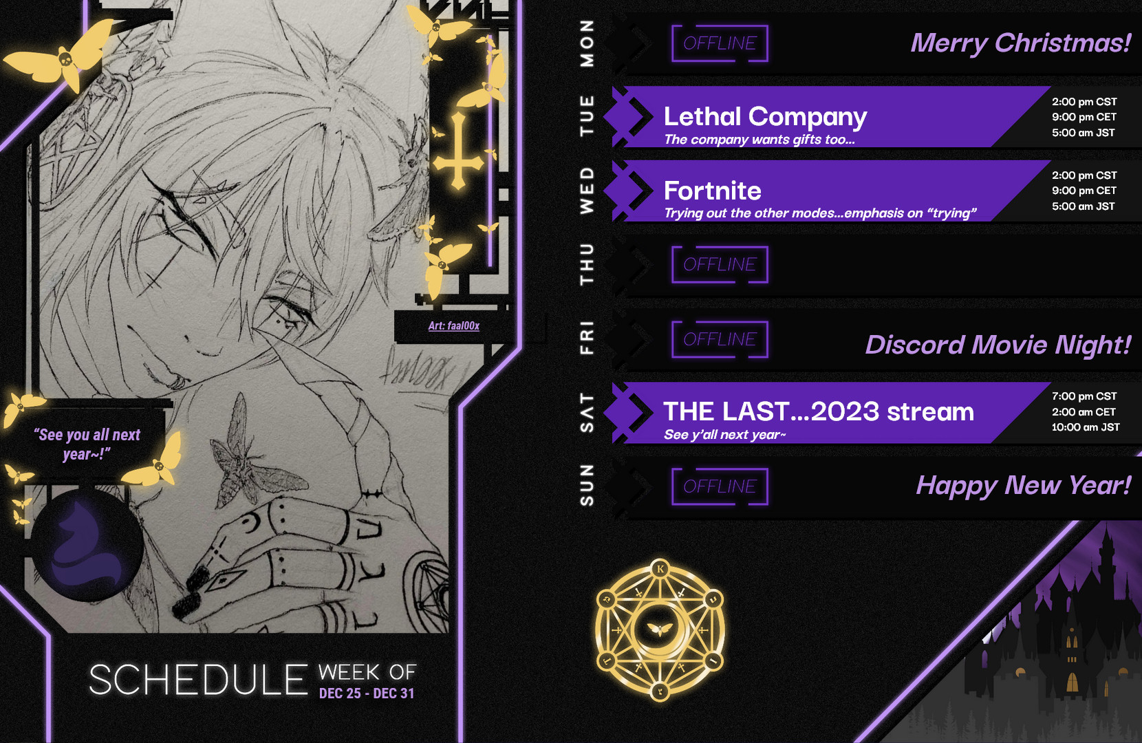 Weekly schedule for KitVT, December 25th to December 31st: Tuesday - Lethal Company at 2pm CST, Wednesday - Fortnite at 2pm CST, Friday - Discord Movie Night at 10:30pm CST, Saturday - THE LAST 2023 STREAM at 7pm CST