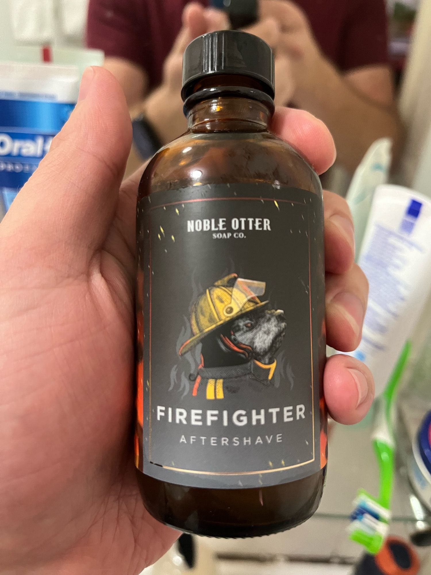 A bottle of Noble Otter Firefighter aftershave