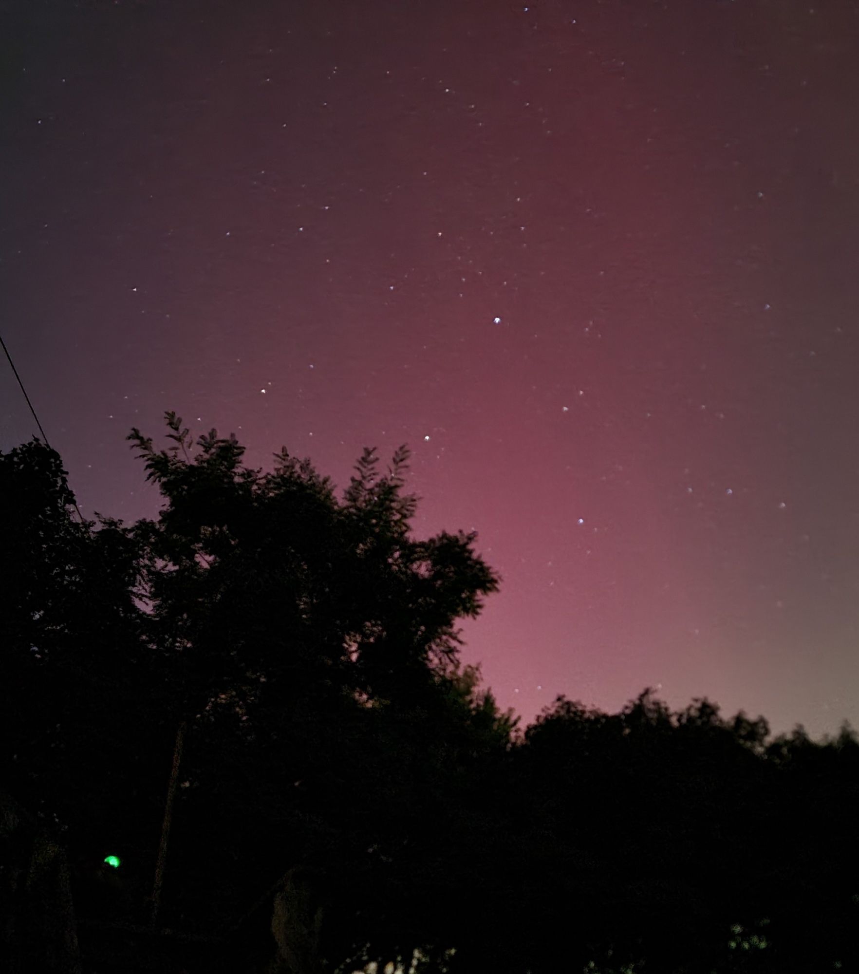 a tree line, back lit with a brilliant pink Aurora across a band of bright stars. some green Aurora can be seen in the bottom right of the image.