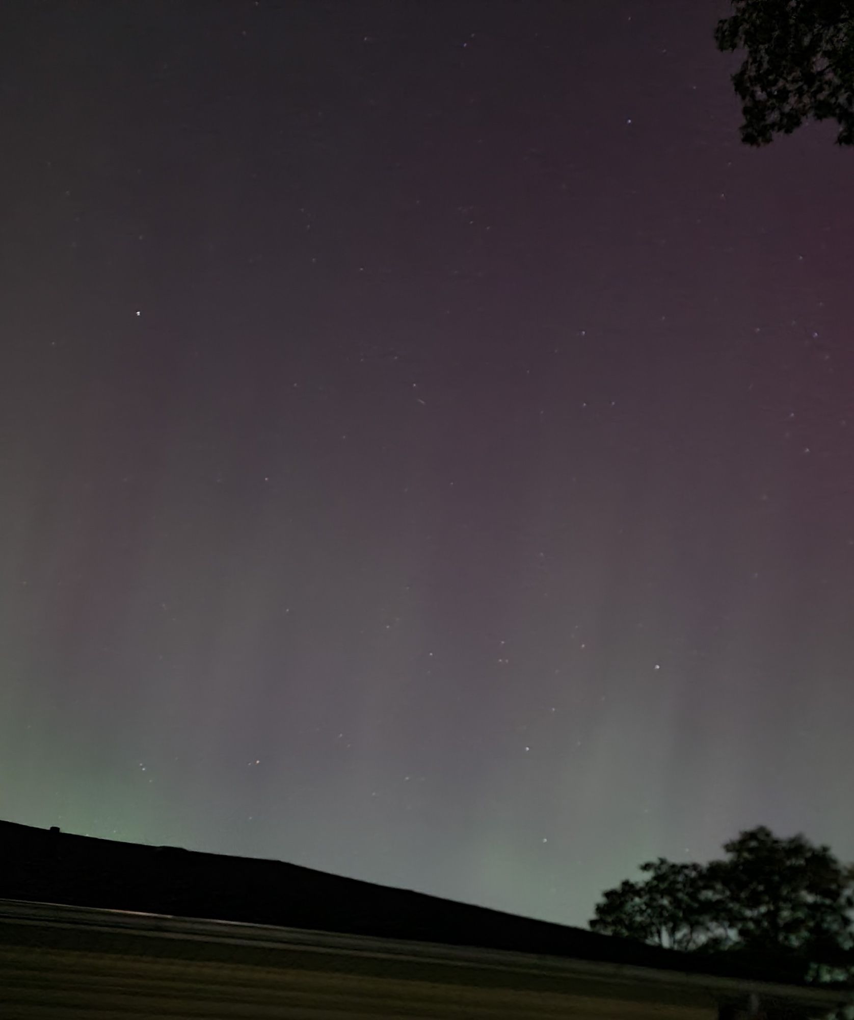 a roofline with bands of green purple and pink color auaroa across a star spotted sky framed by the silhouette of trees to the right.