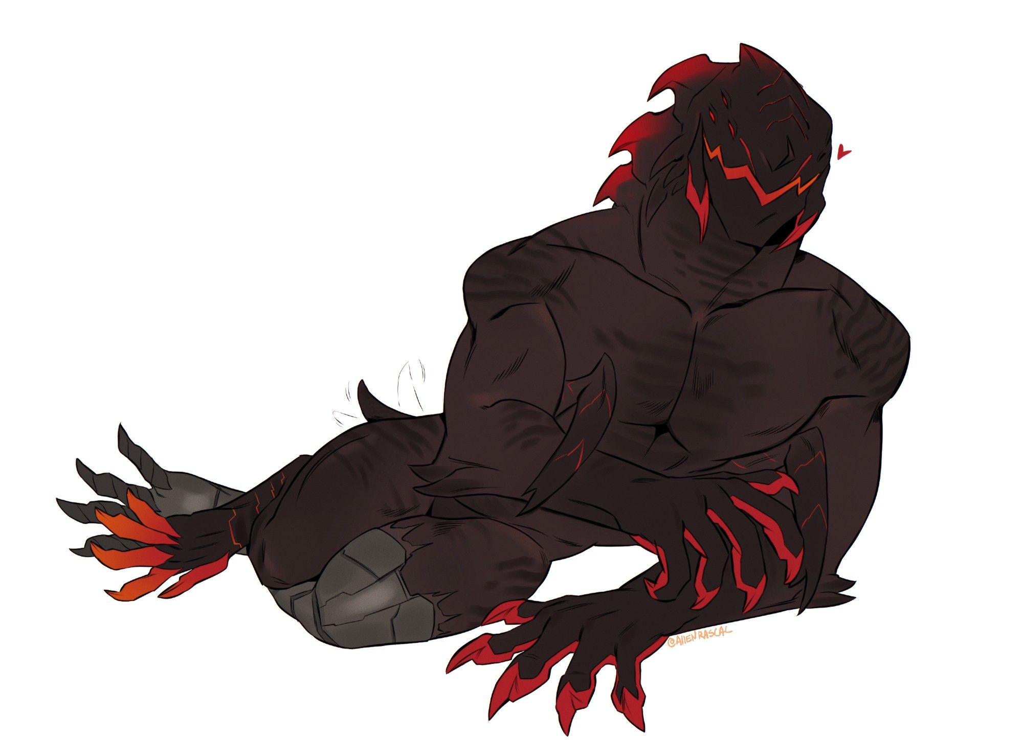 The monster form of my oc Red, lying comfortably on his side. His larger torso allowing him to balance on his forearm. He has two extra little arms sitting on his sides, and a cheeky little expression on his face.