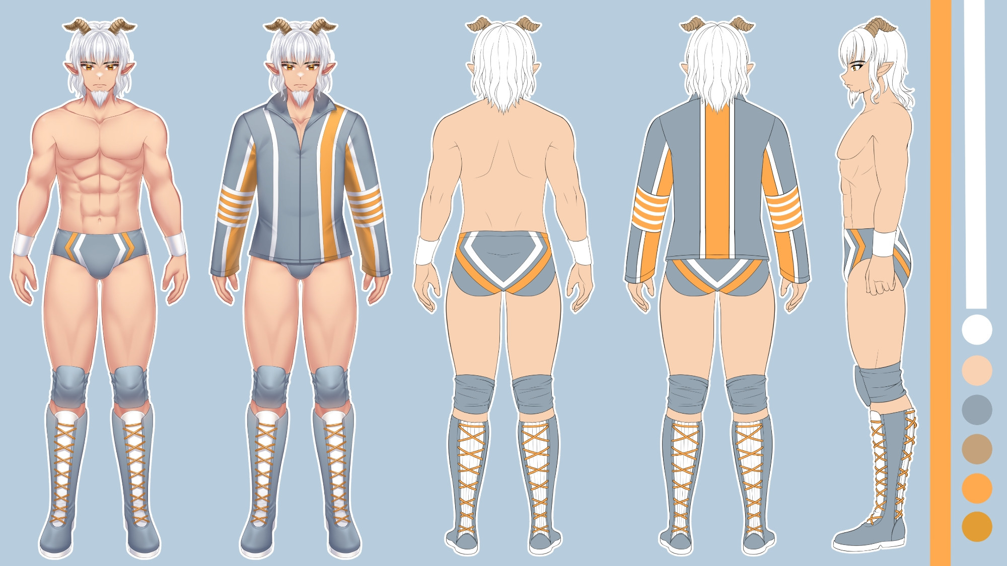 Reference sheet for my Vtuber avatar, a white person with white hair and goat horns wearing blue, gold and white wrestling trunks, kneepads and boots. There is also a version with a blue, gold and white jacket, and versions of both from the back and one showing the side.