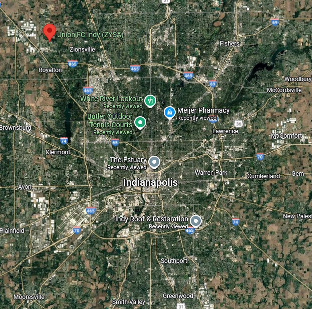 satellite map showing Union FC Indy location far outside Indianapolis