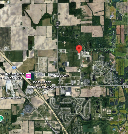 zoomed in satellite map showing a bunch of sprawl and ag land around Union FC Indy