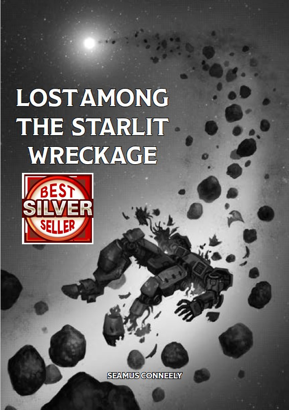 A damaged giant robot floats into the void on the cover of Lost Among the Starlit Wreckage.