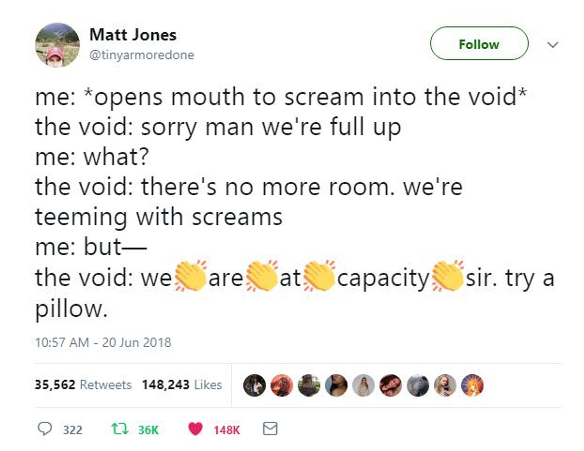 Me: *opens mouth to scream into the void*
the void: sorry man we're full up
me: what?
the void: there's no more room. we're teeming with screams
me: but-
the void. we. are. at. capacity. sir. try a pillow.