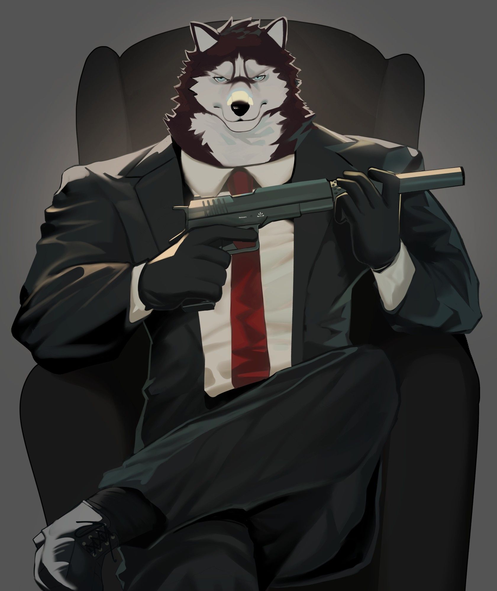 A husky version of Agent 47 is waiting for you on his sofa chair