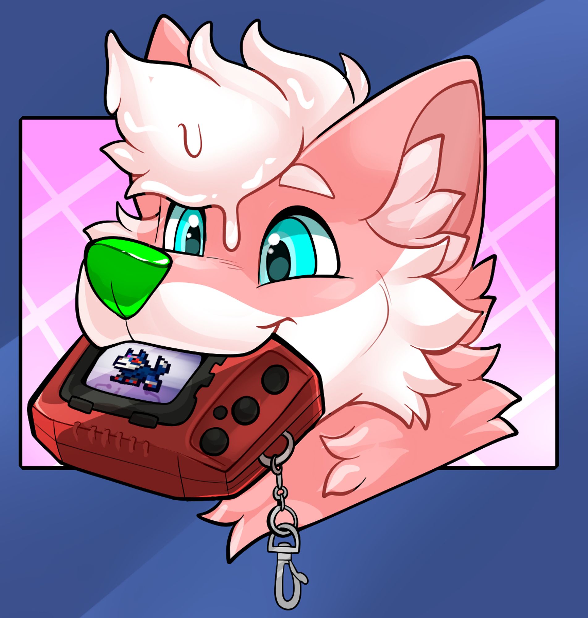 pink and white canine with goopy hair holding a Digital Monster Pendulum Color in their mouth. The Pendulum Color shows a Loogamon pixel on the screen