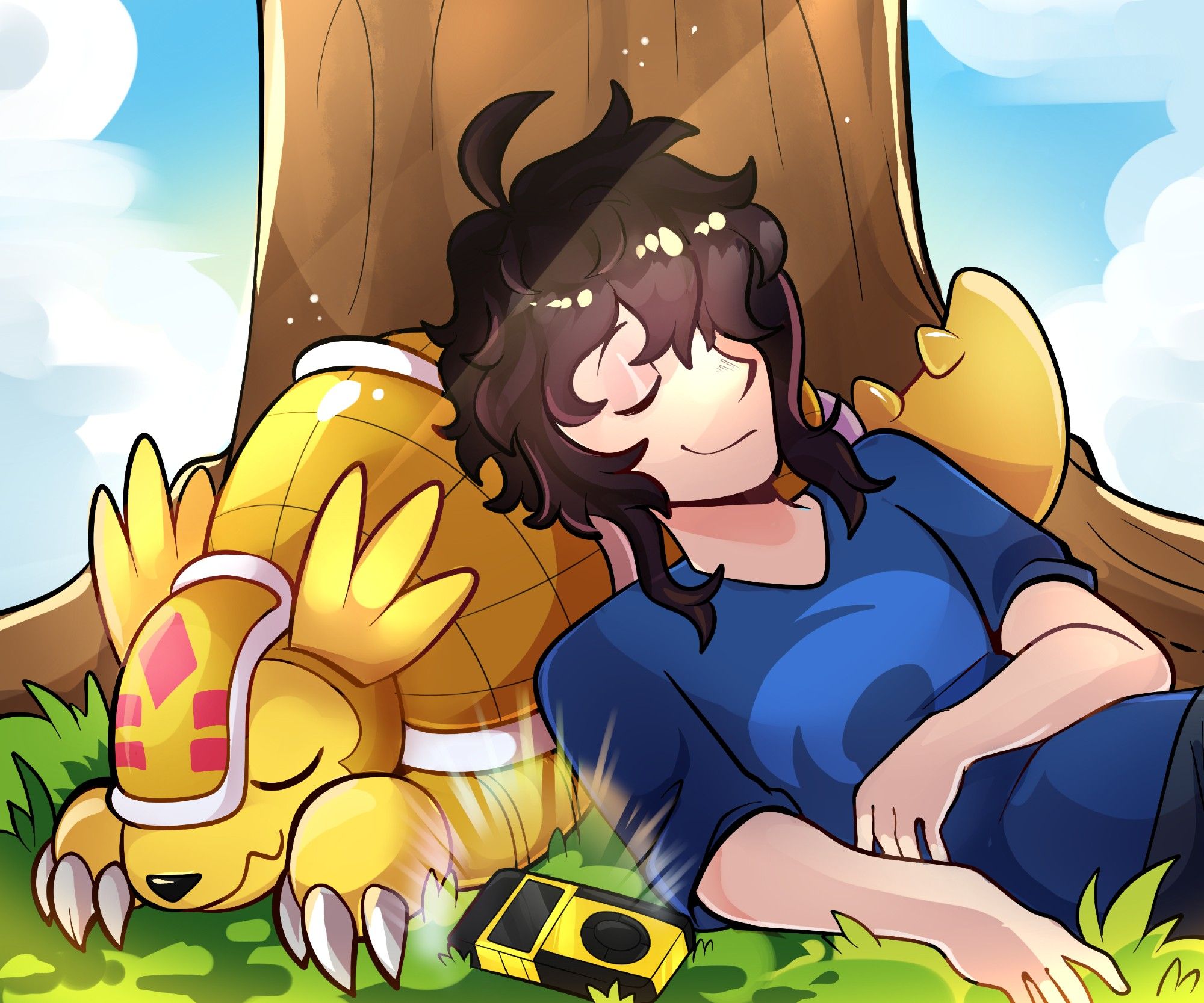 Crom and his Digimon partner, Armadillomon, resting together under a tree. Crom rests on Armadillomon's shell, and wears a blue shirt with a wave or spiral-like symbol on it. Between the two of them, sits Crom's gold and black digivice, glowing with a prismatic aura.