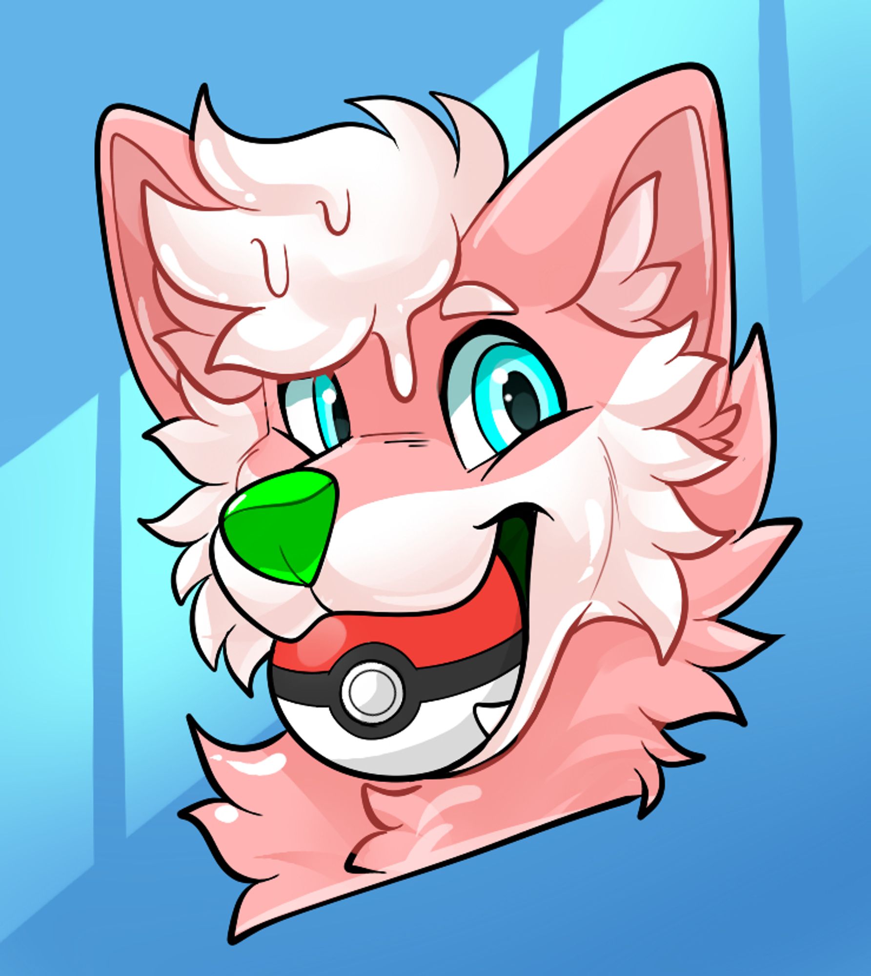 Pink and white canine holds a pokeball in their mouth. They look cheerful!