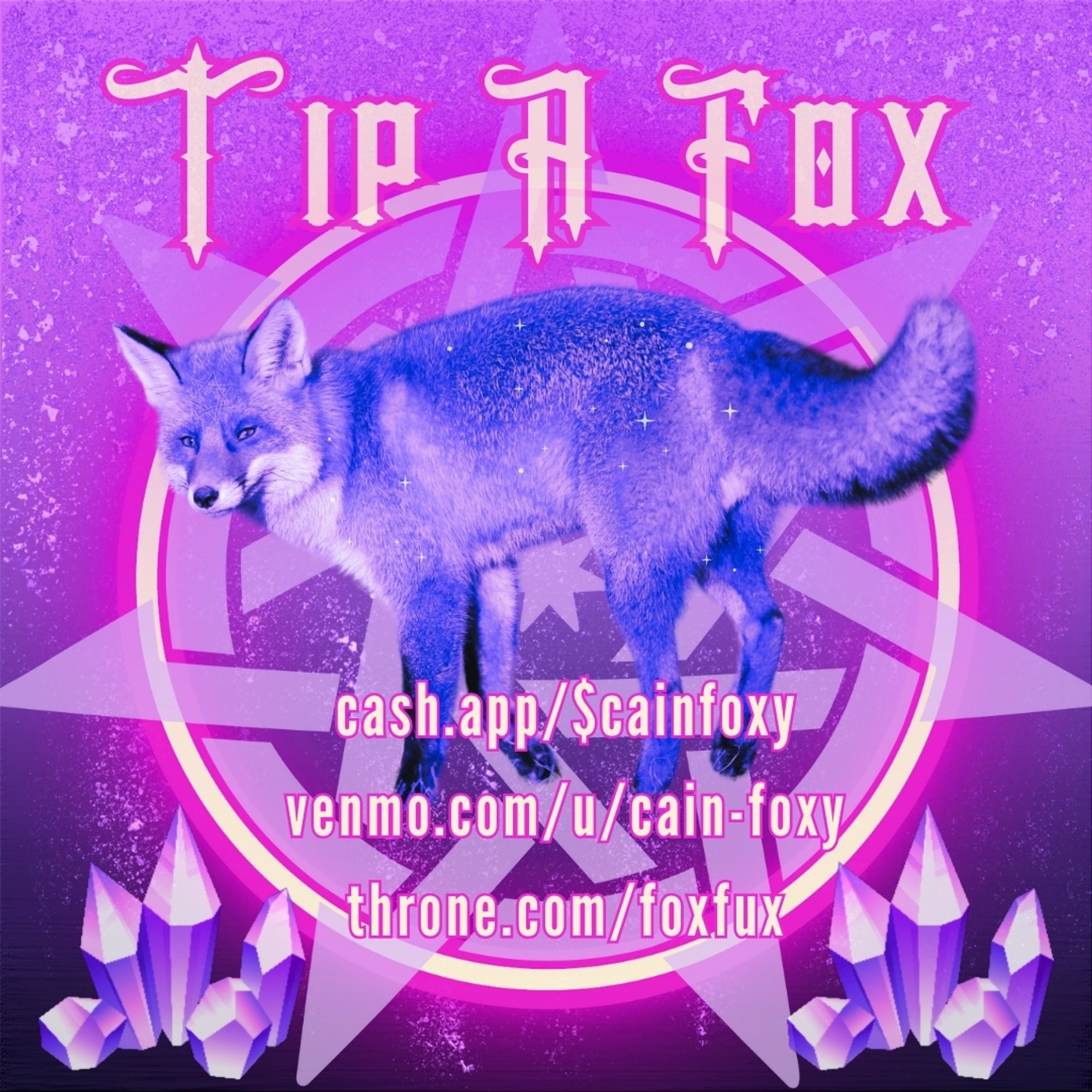 Bright and purple to magenta toned graphic w a purple fox in the center. There is a heptagram knot in the background with a neon overlay circle. Text overlay is safe yellow with hot pink outline. Two crystal cluster stickers in purple to magenta toned for flair. 

Overlay Text Reads 
Tip A Fox

cash.app/$cainfoxy
venmo.com/u/cain-foxy
throne.com/foxfux