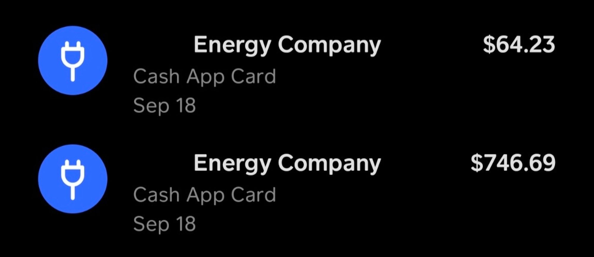 Another screenshot from cash app showing two transactions to Energy Company on Sept 18 with Cash App Card for $64.23 and $746.69