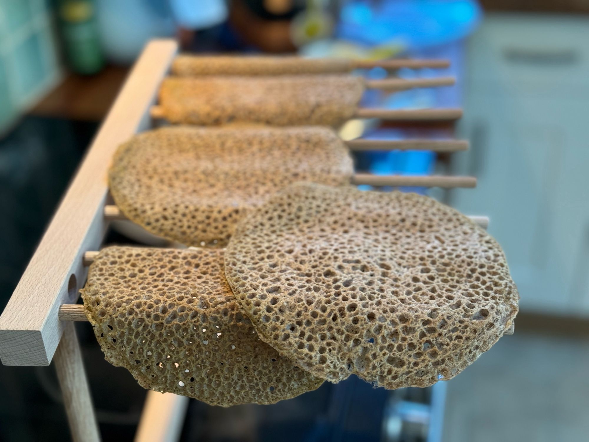 Buckwheat’s pancakes on a pasta drying rack