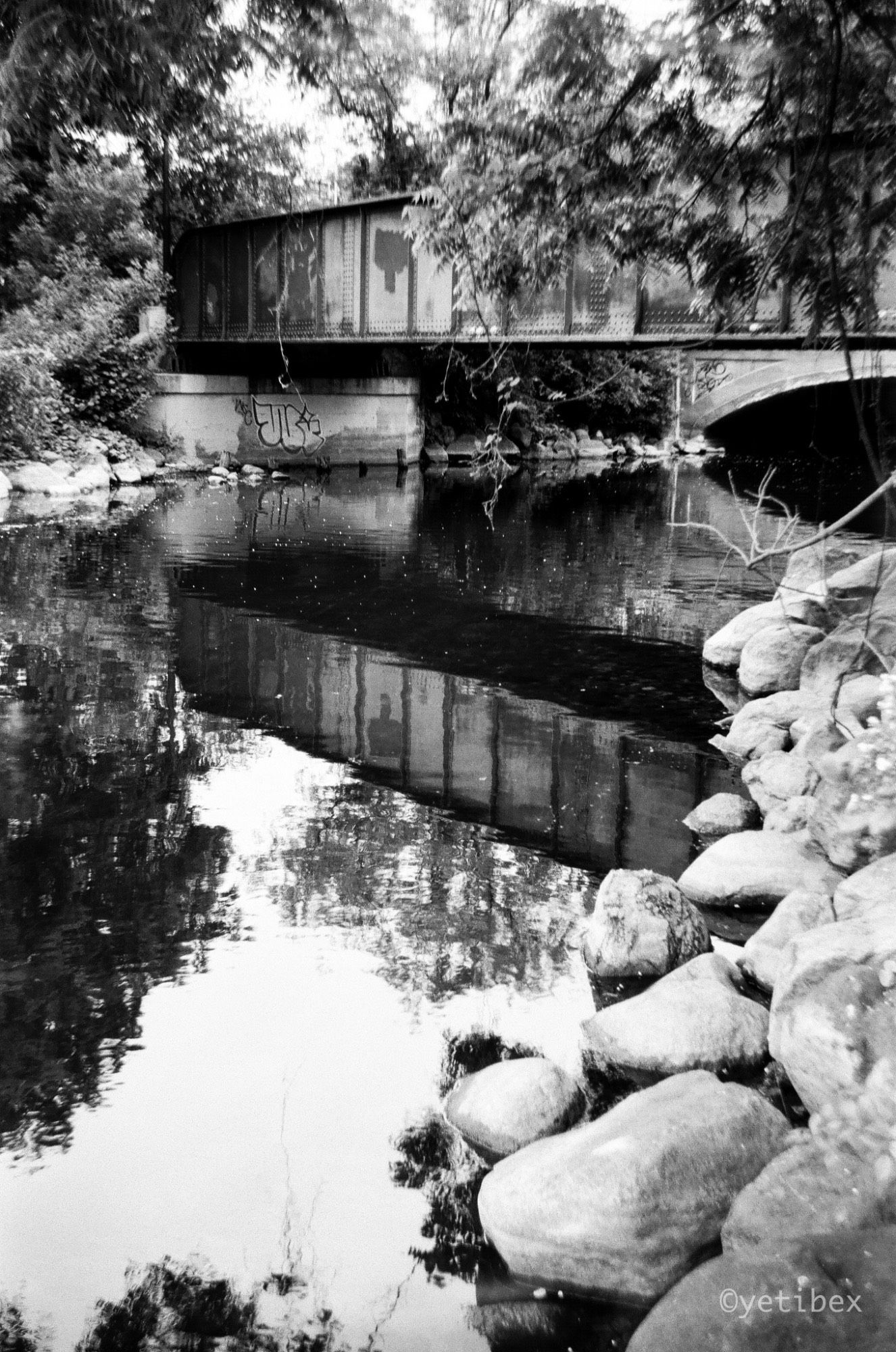 A black and white image of a pedestrian/bicycle bridge (a former train bridge) spanning and reflected in water, with the reflection being the primary point of focus.