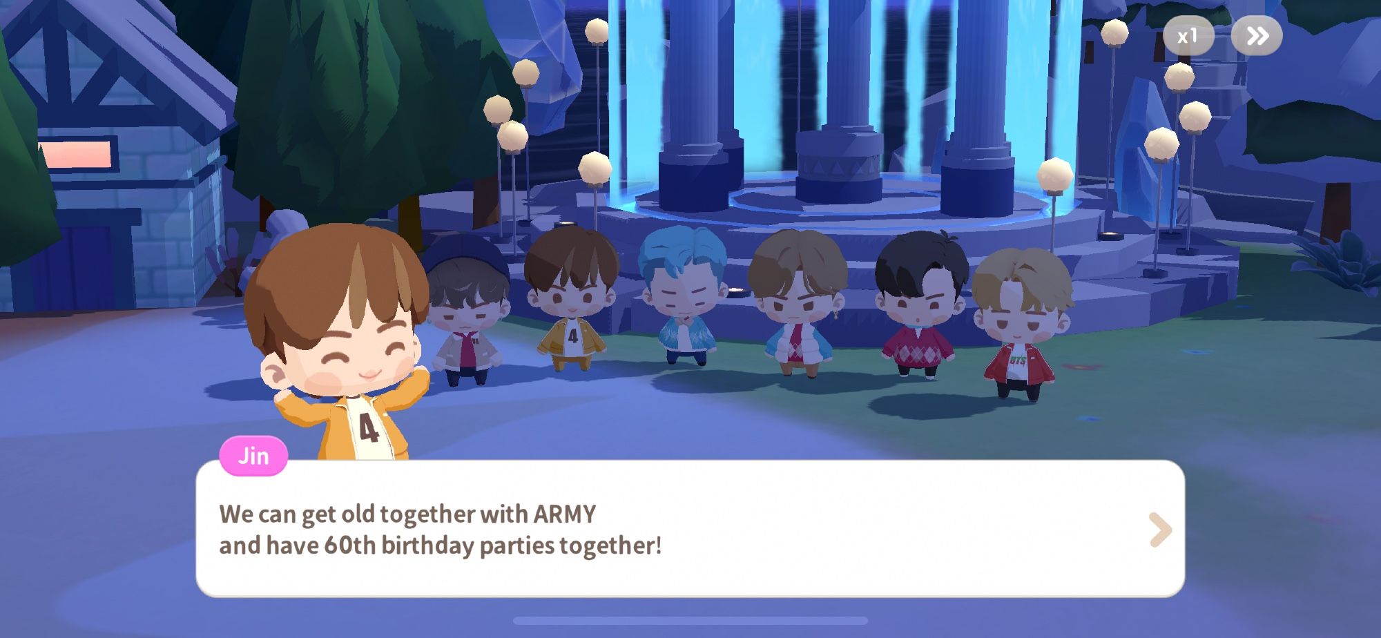 Cartoon image from BTS In the Seom game with the members standing together in front of a stage at night. Jin says they should get old together with ARMY and have 60th birthday parties together.