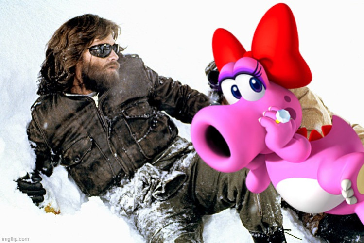 Kurt Russell in snow clothes and classes laying on the ground next to a badly superimposed Birdie from the Mario game series, a pink dinosaurbird creature with a bow and a hefty engagement ring.