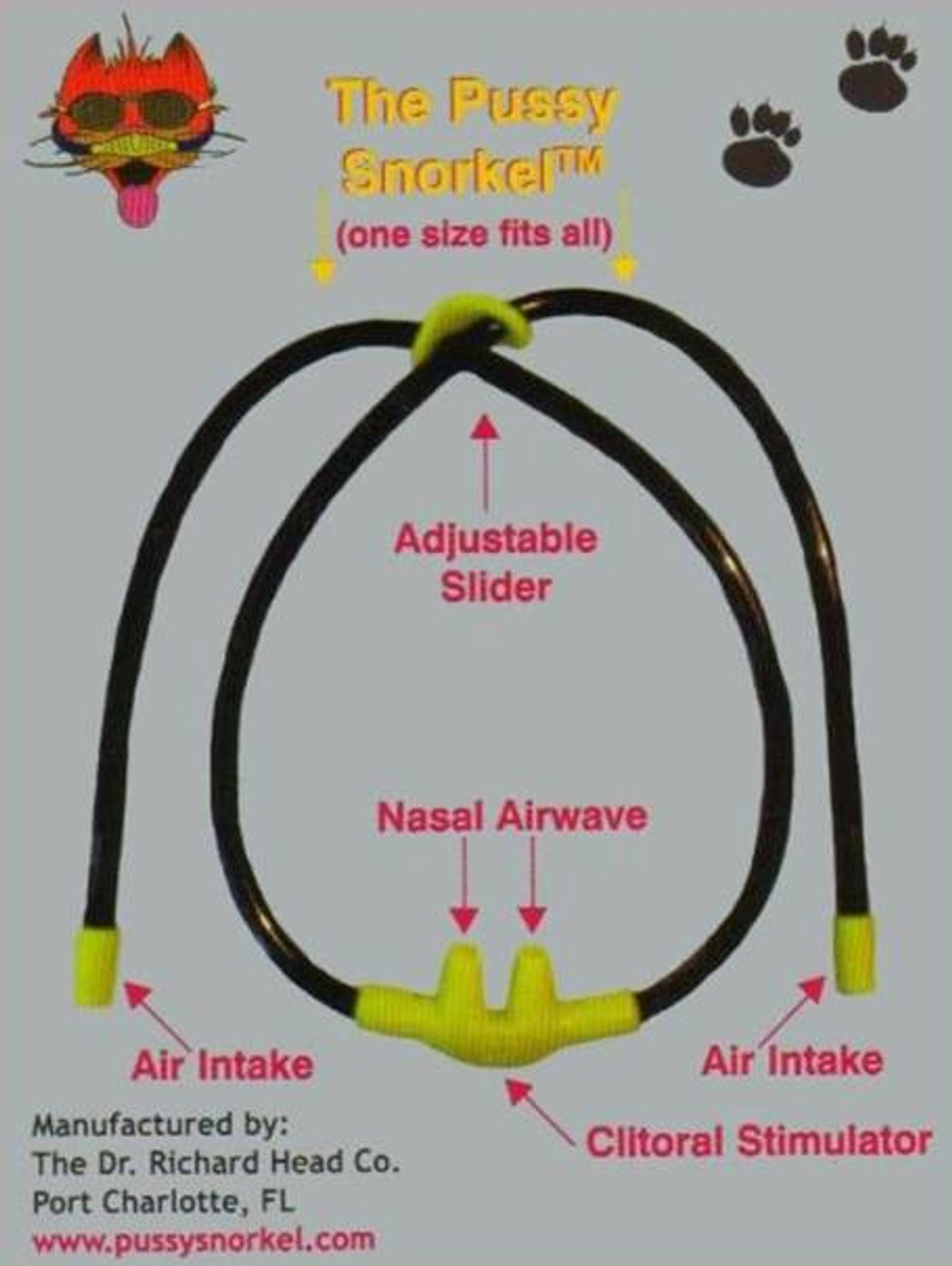 The Pussy Snorkel. One size fits all.

Nasal canula system with air intake, clitoral stimulator, and an adjustable slider for proper fit.