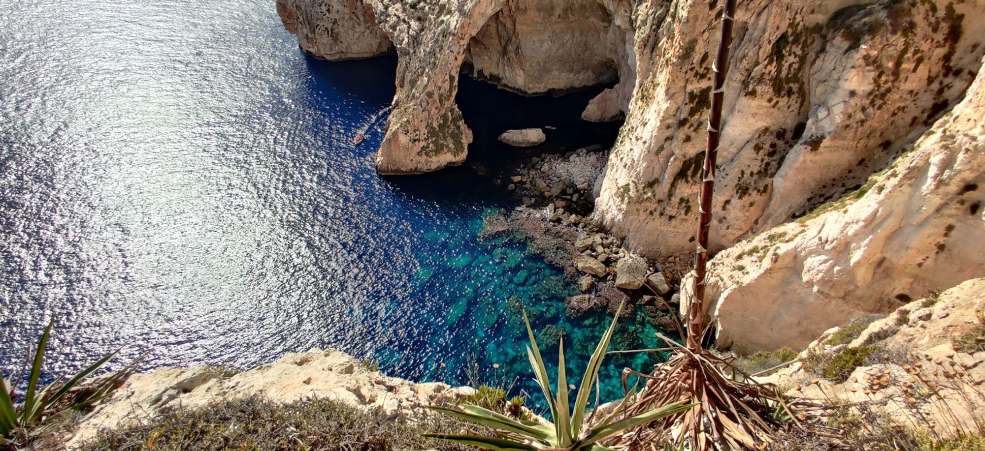 Photo of the Blue Lagoon in Malta from above.