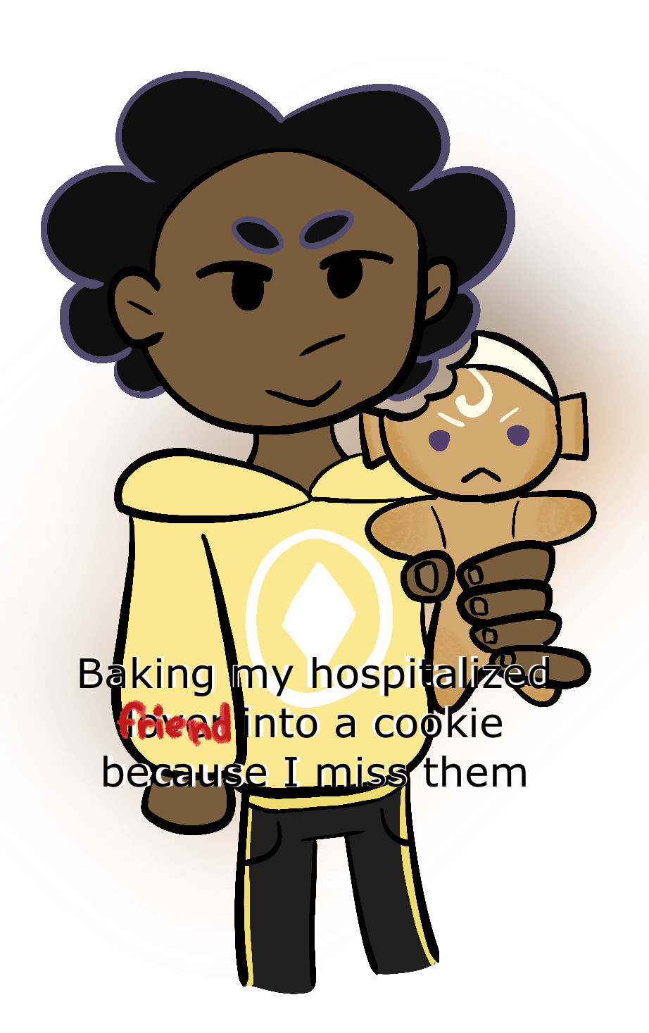 A black person in a yellow hoodie holding a cookie of someone with white hair & square, fin-like ears