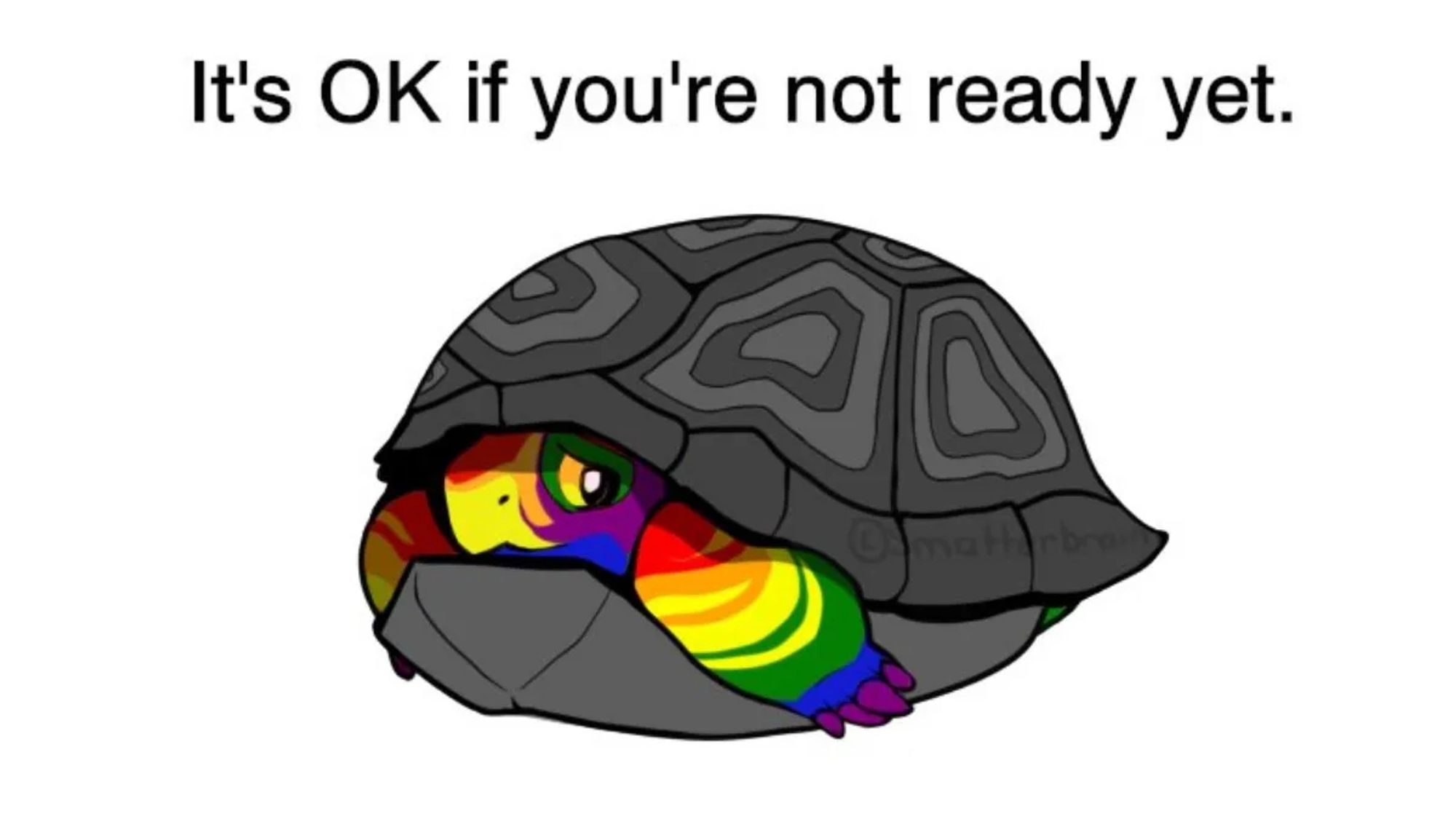 A turtle in a grey shell hides, looking out fearfully. Rainbow pride colors are visible on the head and legs. The text reads: It's OK if you're not ready yet.