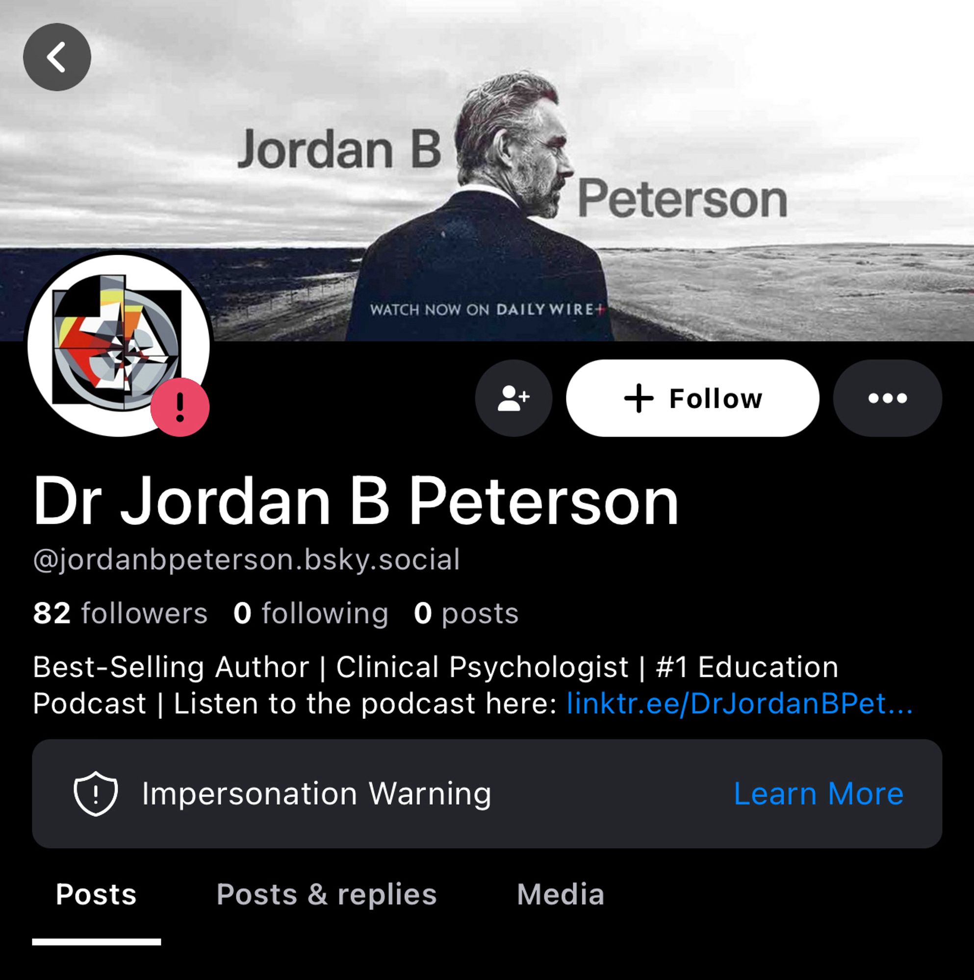 A screenshot of the alleged BlueSky profile of Jordan B Peterson, known Canadian and Jungian hack.