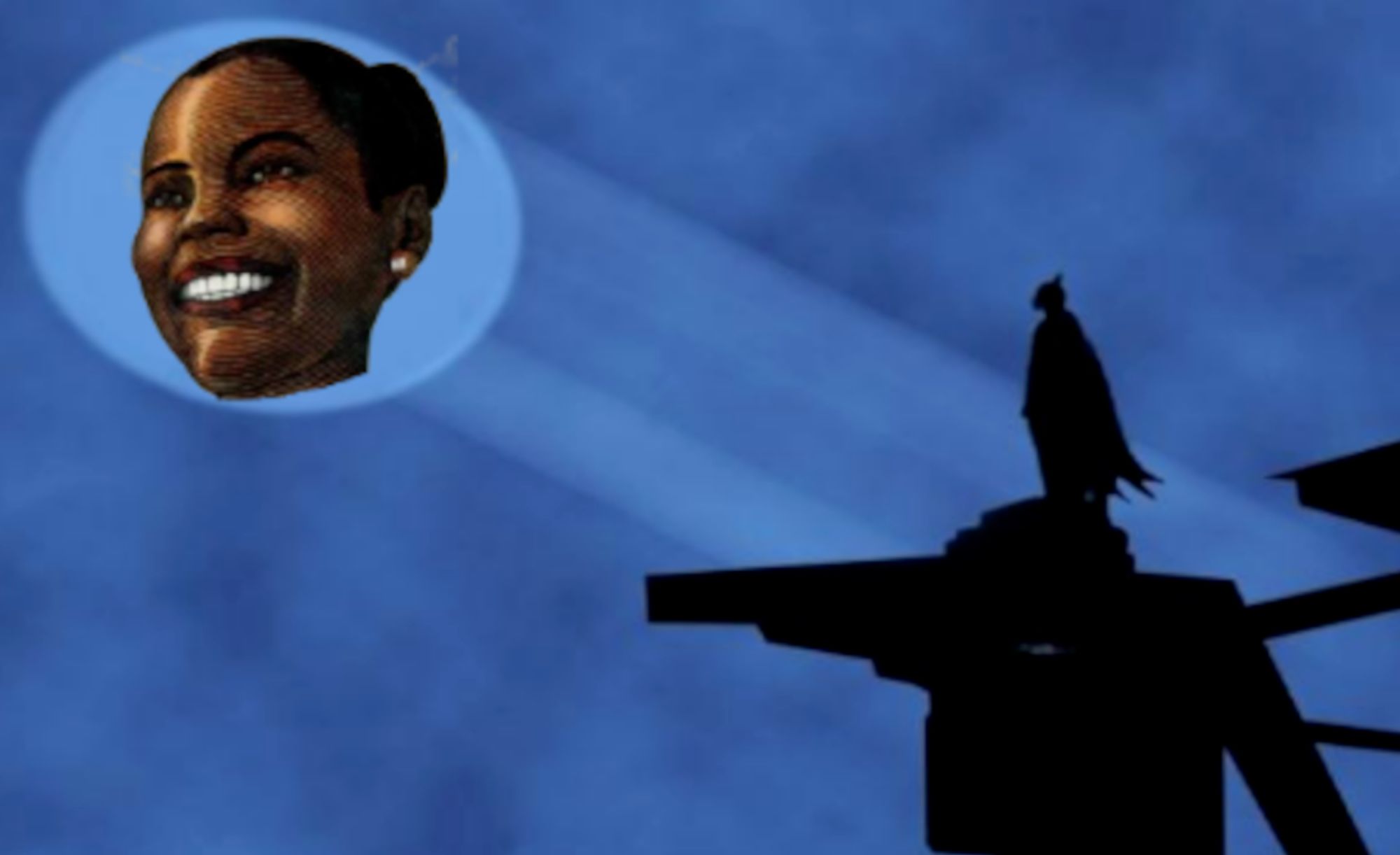 Batman looking at the bat-symbol projected into the sky, but it's Mavis Beacon. Get it? A Beacon?