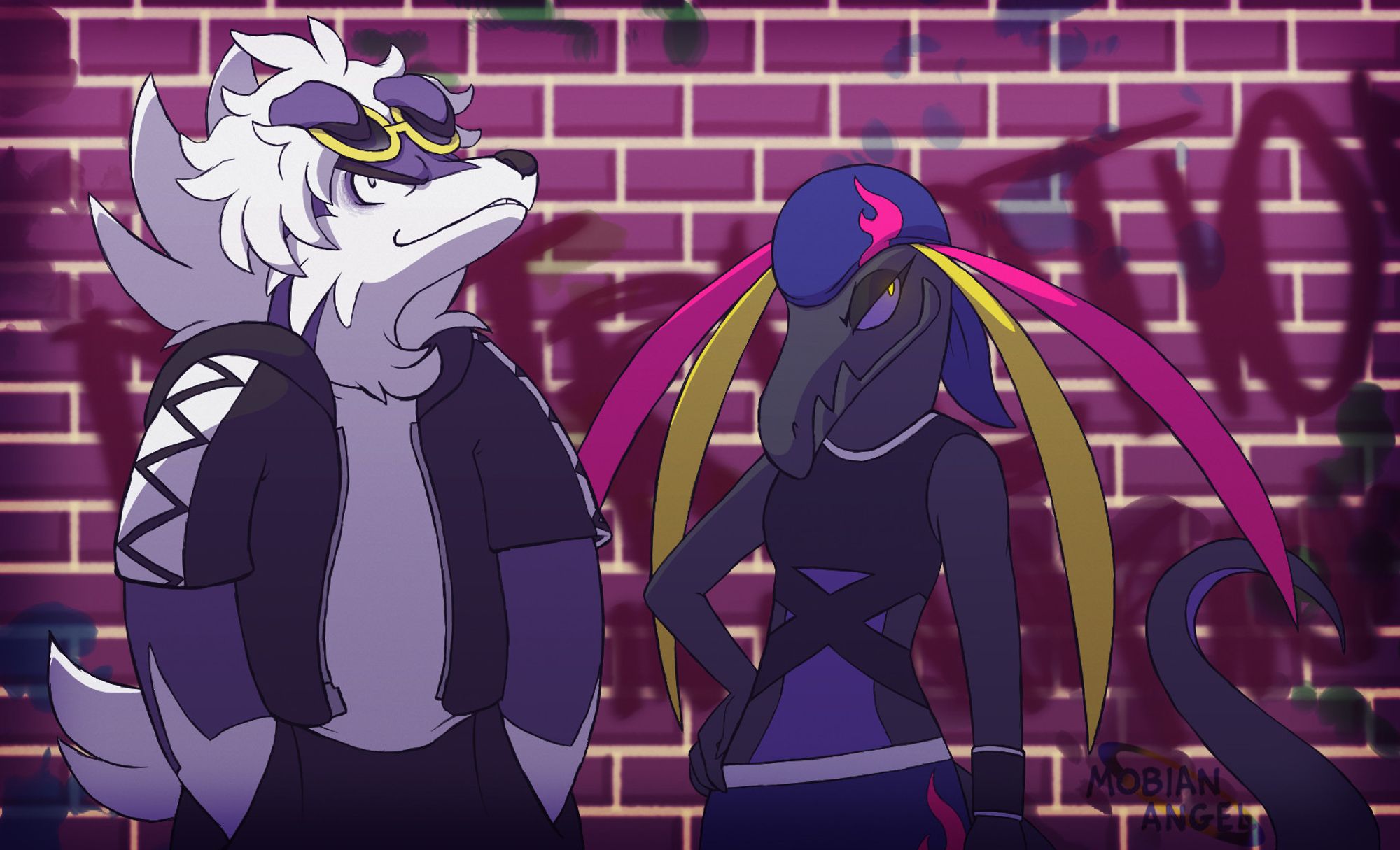 Furry artwork depicting Guzma as a Lycanroc (Midnight Forme) and Plumeria as a Salazzle.