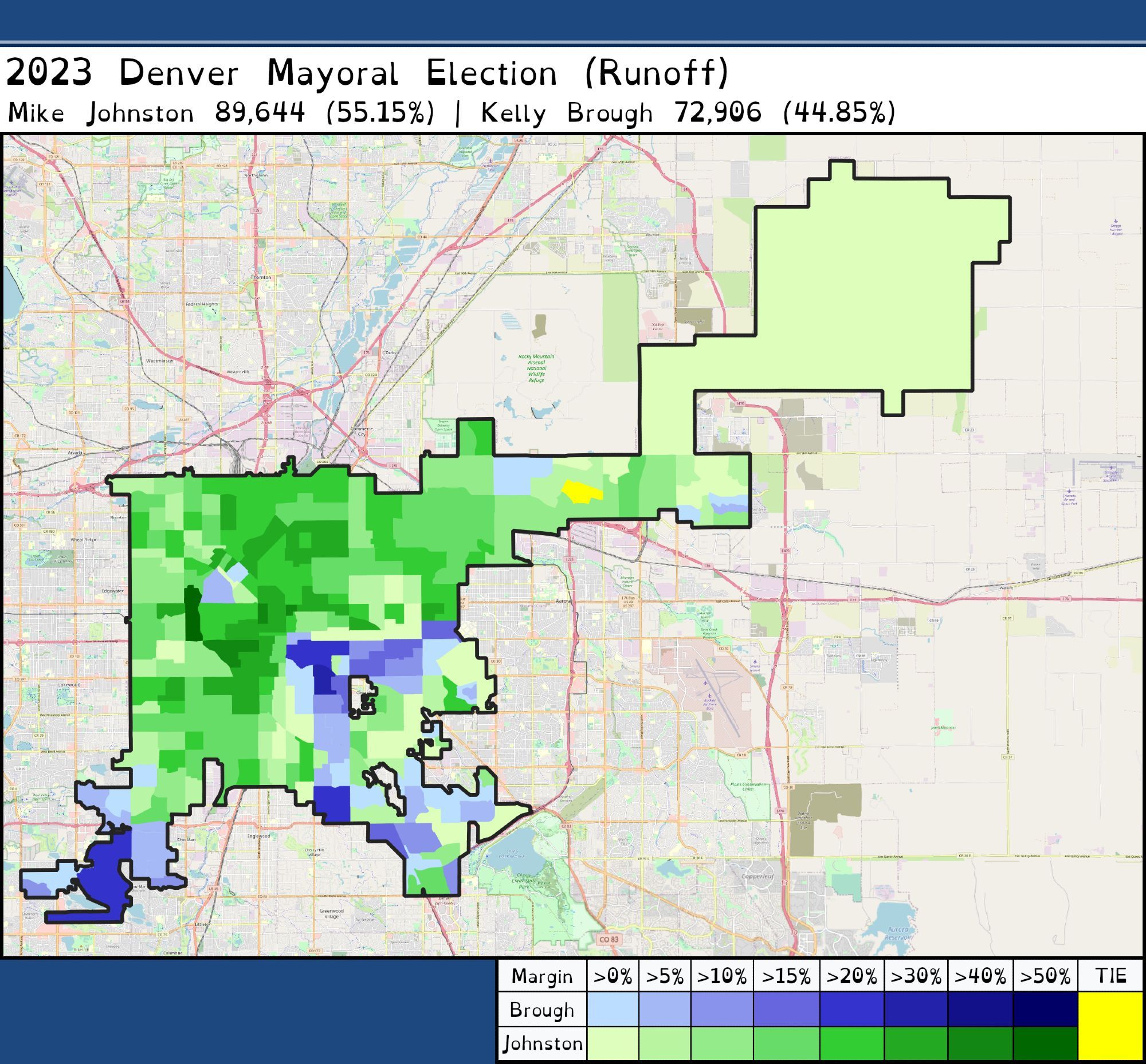 A map showing the 2023 mayoral election runoff in Denver, which Mike Johnston won against Kelly Brough. On the map, Johnston's support is indicated in green and Brough's support is in blue. The map shows that Brough's base of support was concentrated in southwestern Denver and around the city of Glendale, an enclave of Arapahoe County in east-central Denver. She also had pockets of support in southeastern Denver. Mike Johnston's primary area of support was in northern and central Denver while also marginally winning votes in eastern Denver in the communities along the highway leading to Denver International Airport. 